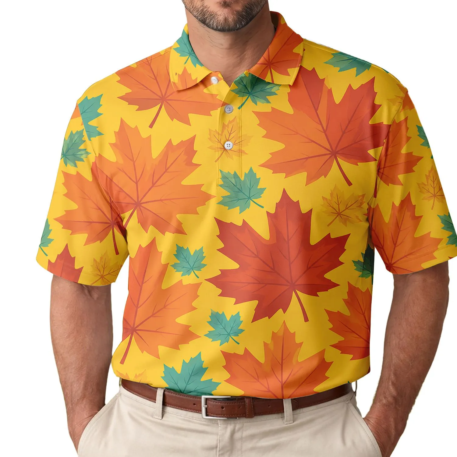 Maple Leaf Botanical Mustard Yellow Autumn Outdoor Weekend Wear for Men Men's Polo Shirt - 1