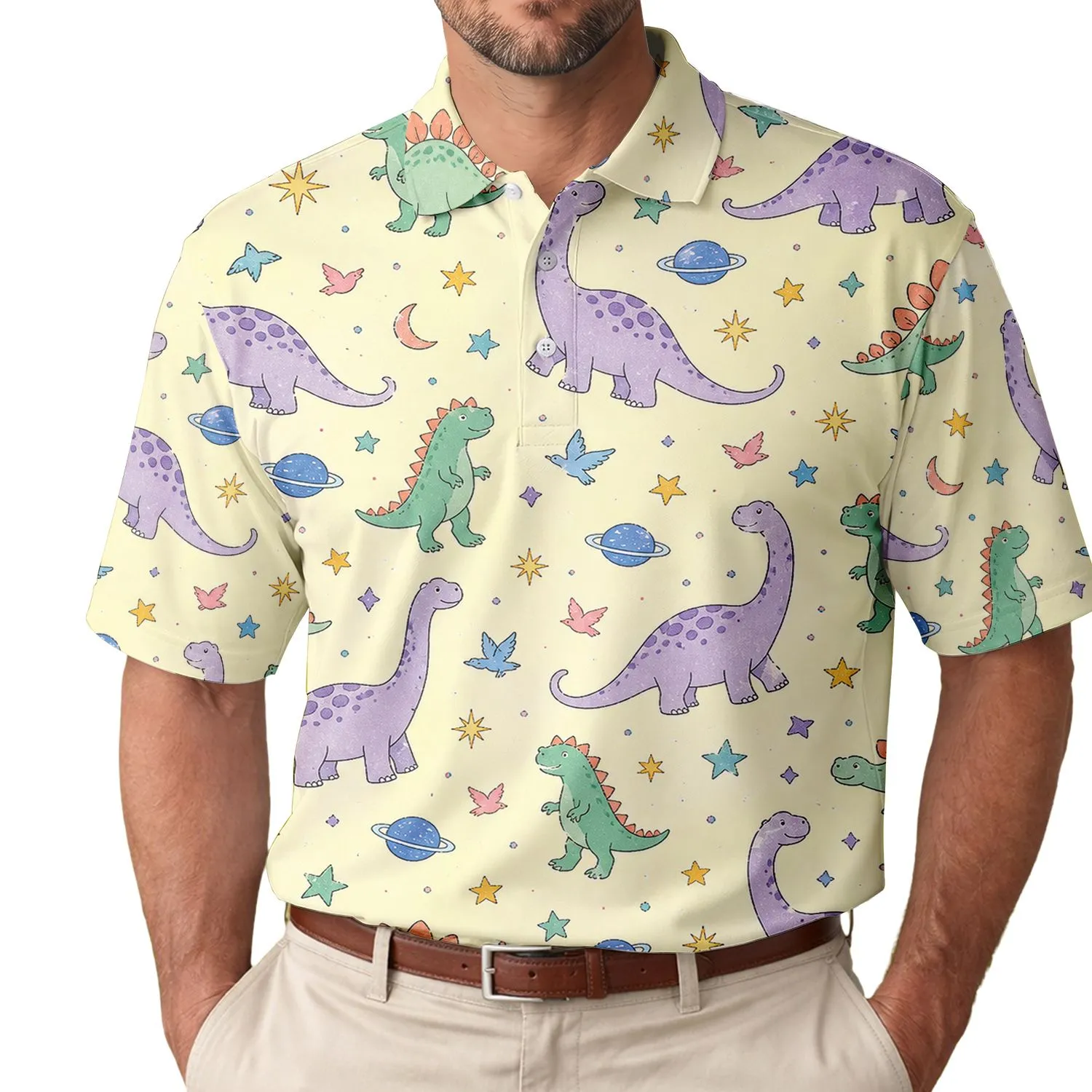 Pastel Dinosaur And Celestial Motifs For Summer Beach Days, Travel And Casual Outings Men's Polo Shirt - 1