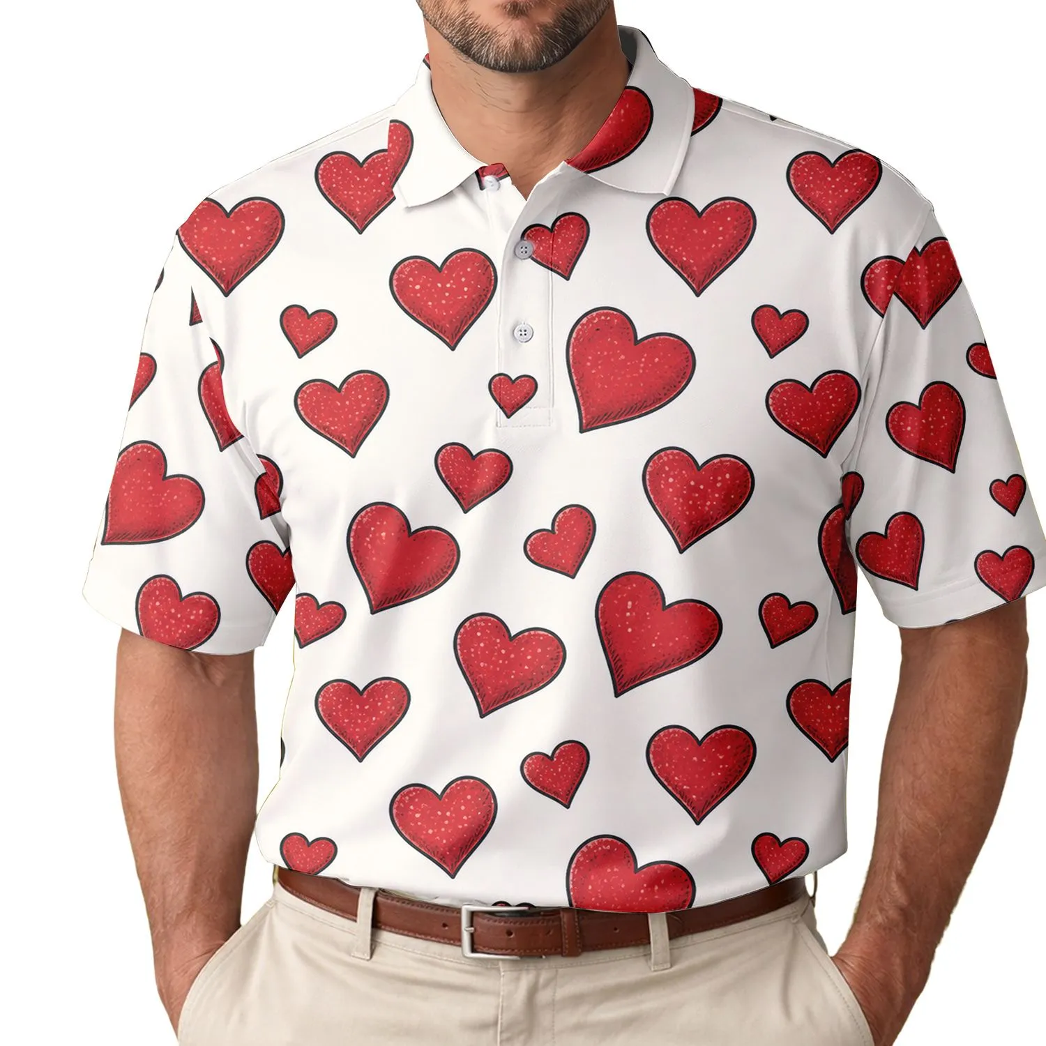 Crimson Hand-Drawn Heart Icons for Valentine Dates and Romantic Everyday Wear Men's Polo Shirt - 1