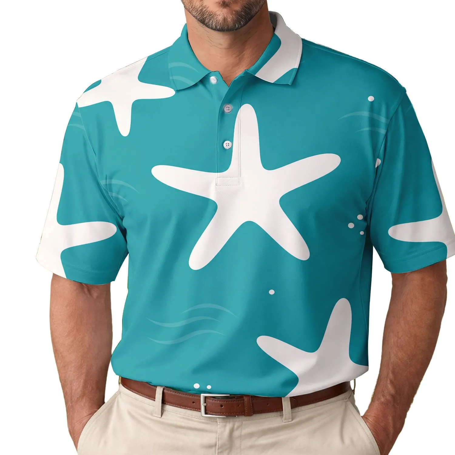 White Starfish Ocean Motif On Tropical Teal For Coastal Vacation Resort Wear For Men Men's Polo Shirt - 1