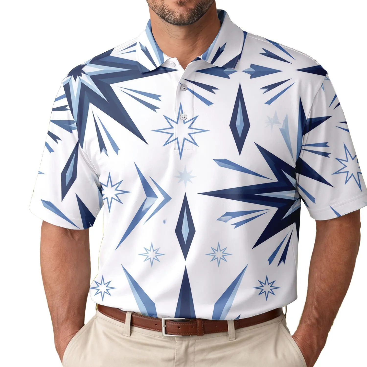 Navy Celestial Starburst Geometric Motif For Coastal Weekend Travel And Casual Wear Men's Polo Shirt - 1