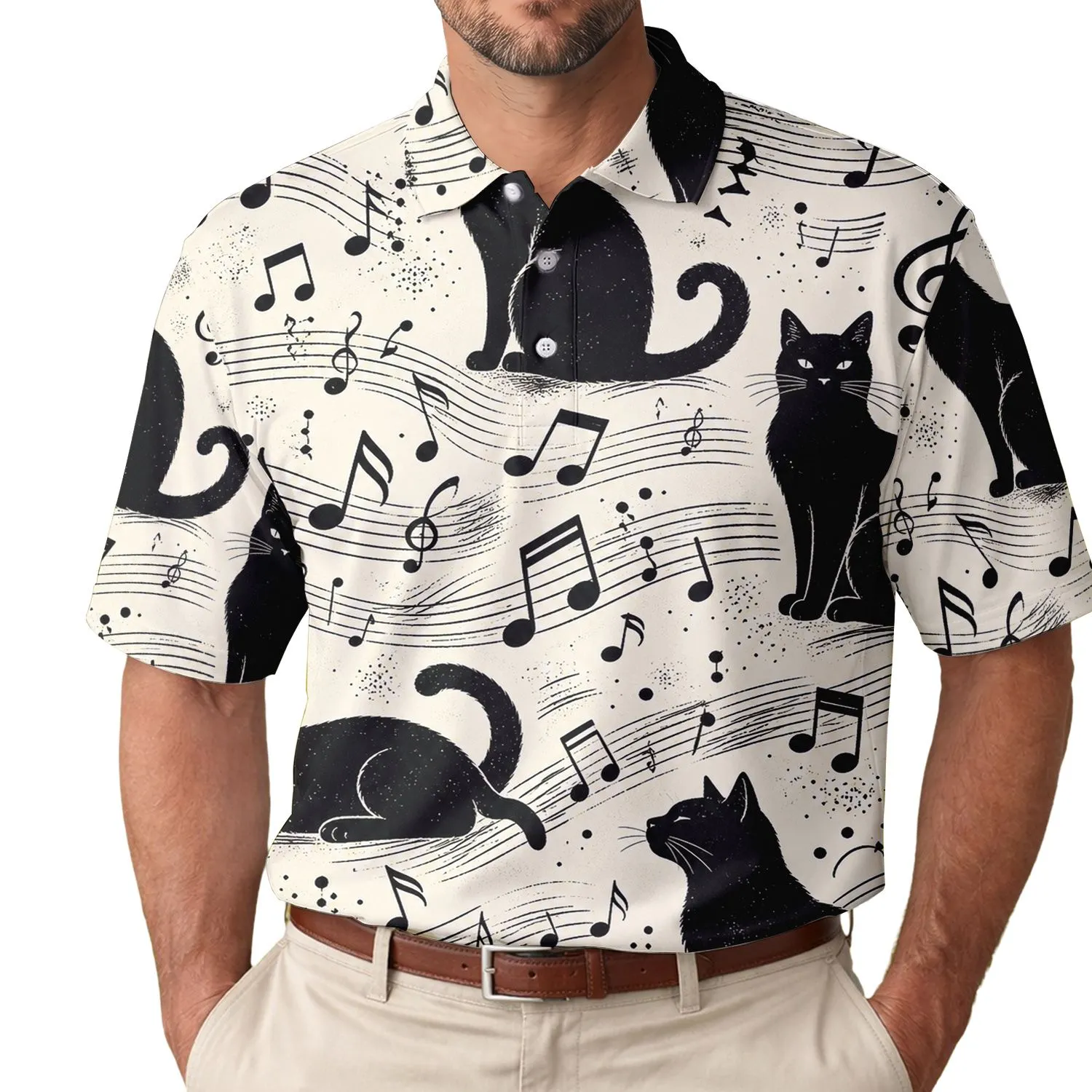 Black Cats With Sheet Music Notes For Casual Concert Days And Music Lover Gifts Fans Men's Polo Shirt - 1