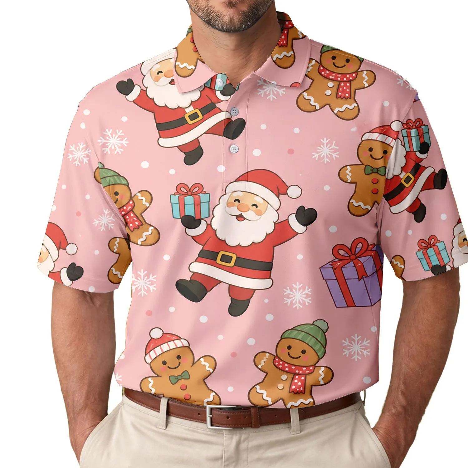 Santa Gingerbread And Gift Boxes For Christmas Parties, Holiday Travel And Family Photos Men's Polo Shirt - 1
