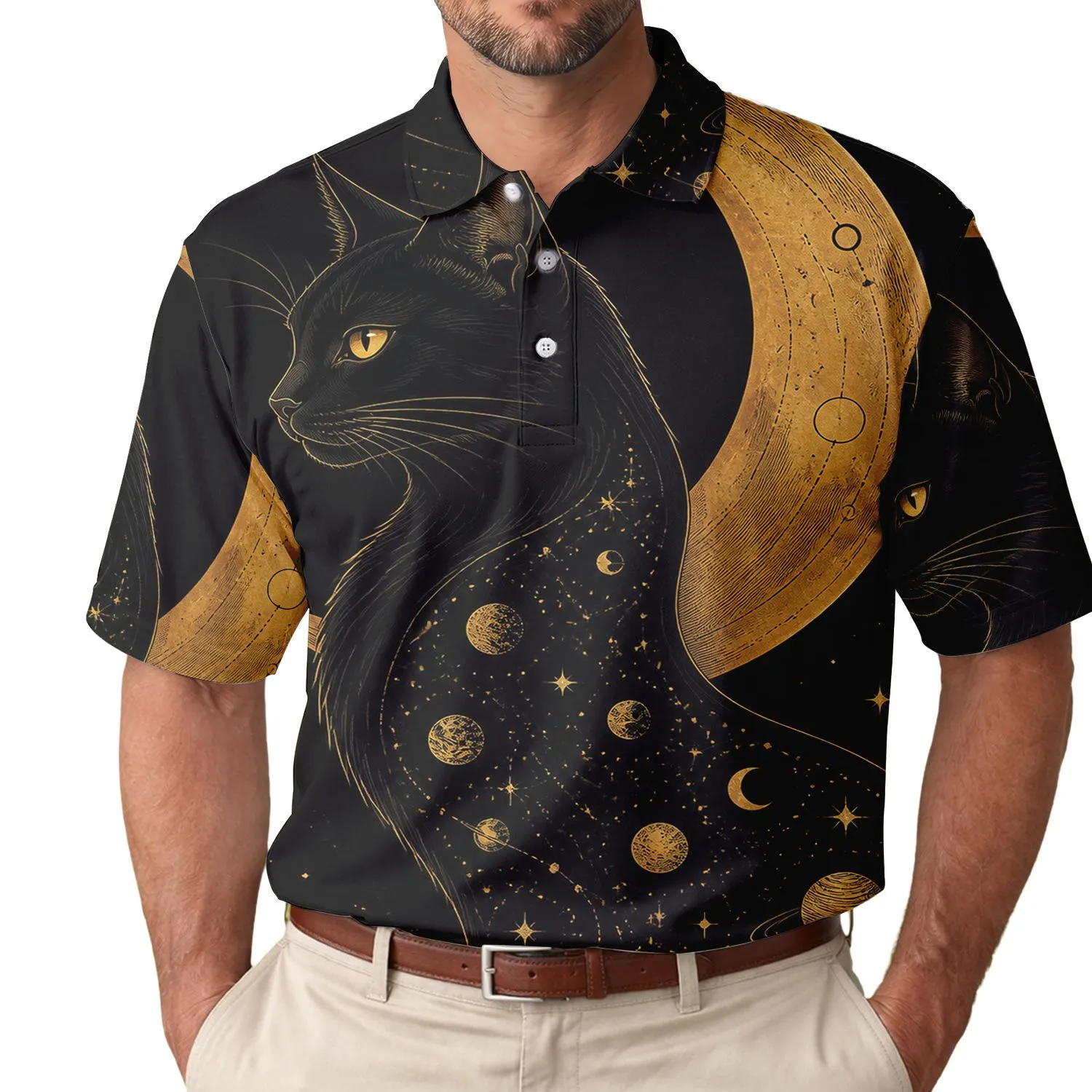 Black Cat And Crescent Moon Celestial Nightwear For Witchy Gothic Style Enthusiasts Men's Polo Shirt - 1