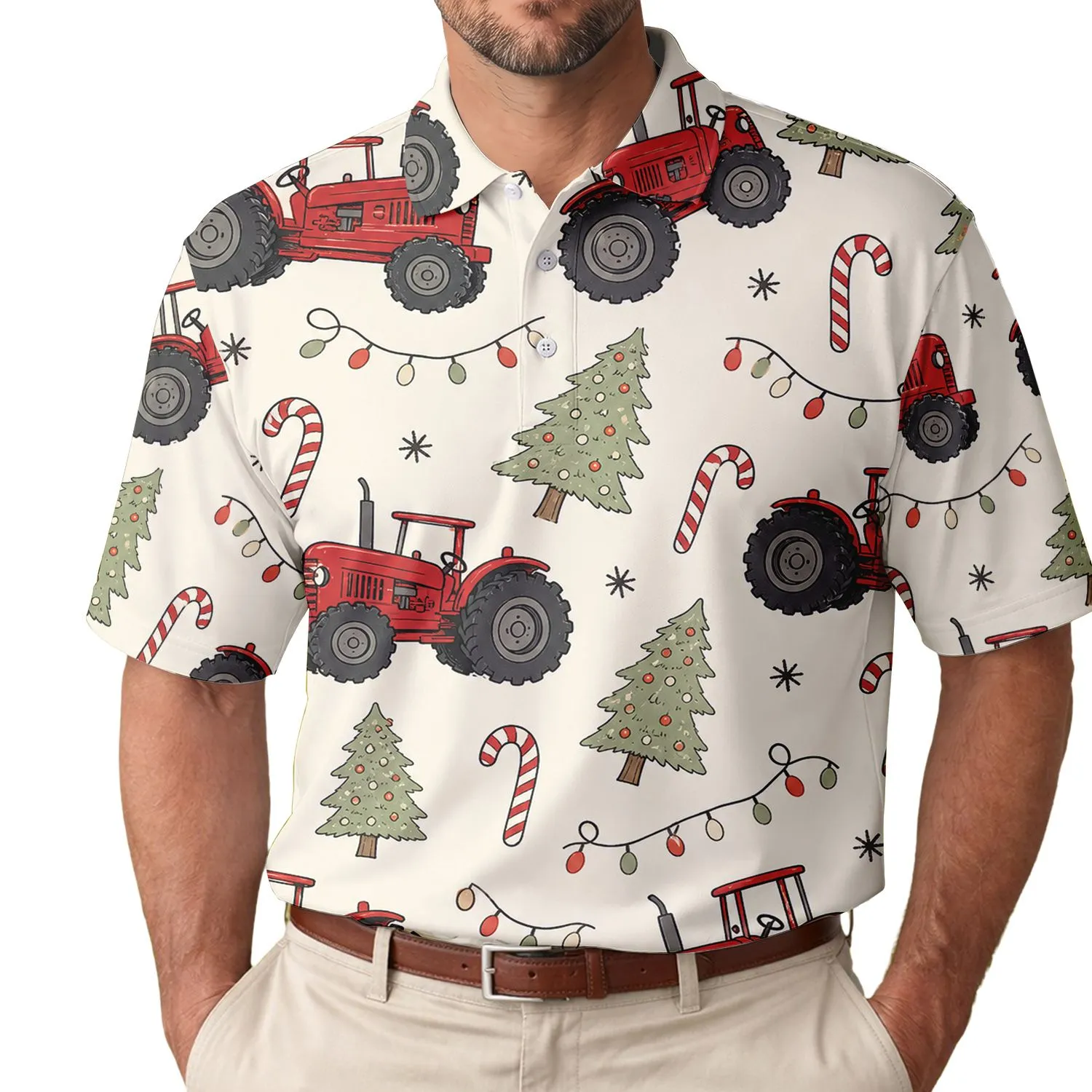 Red Farm Tractor Christmas Trees And Candy Canes For Holiday Parties And Winter Gifts Men's Polo Shirt - 1