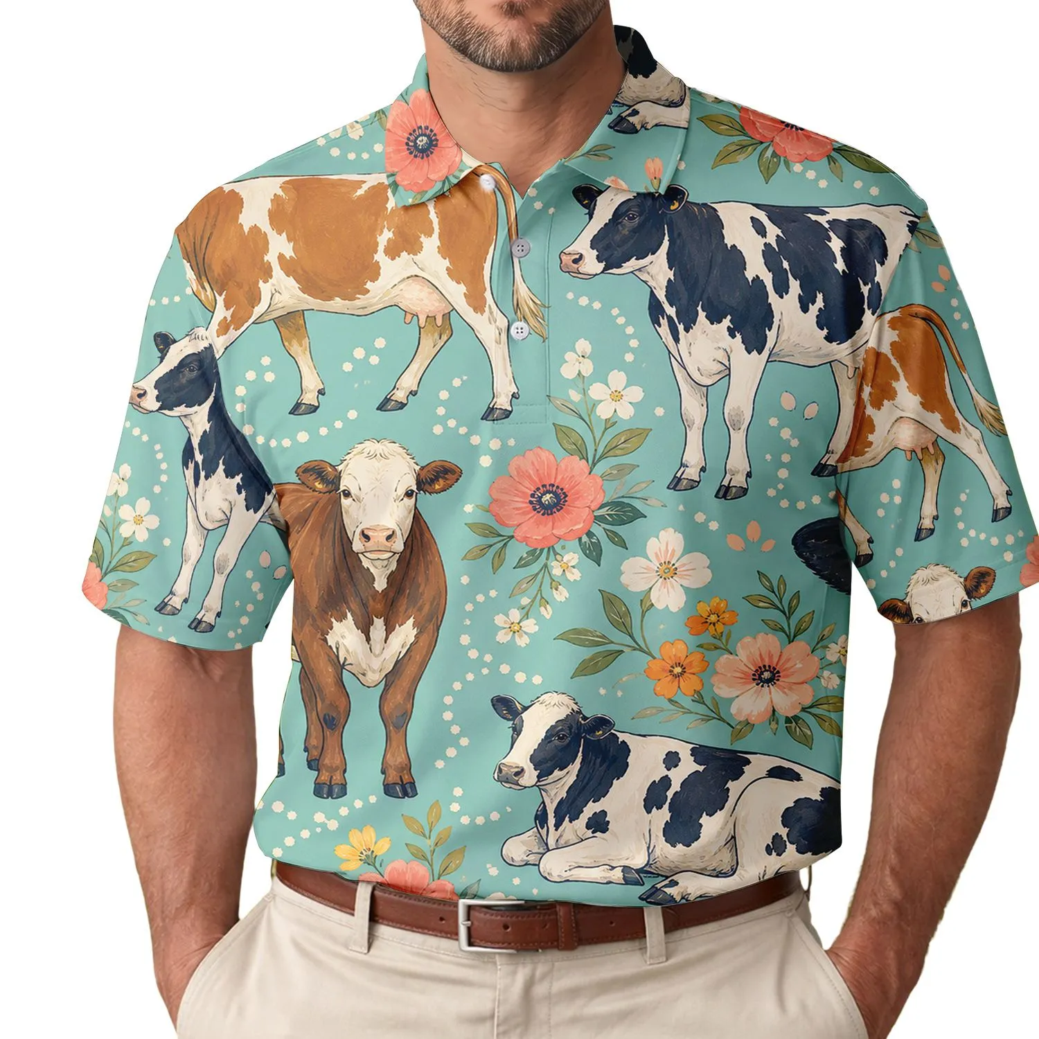Farm Cow And Wildflower Motif For Beach Vacations, Weekend Outings And Casual Menswear Men's Polo Shirt - 1