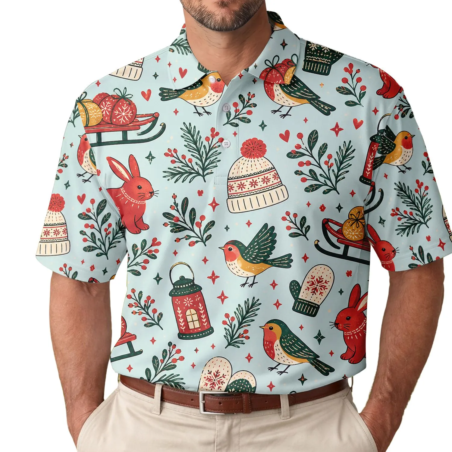 Scandinavian Winter Birds, Rabbits, Sleds And Lanterns For Cozy Holiday Gatherings Men's Polo Shirt - 1