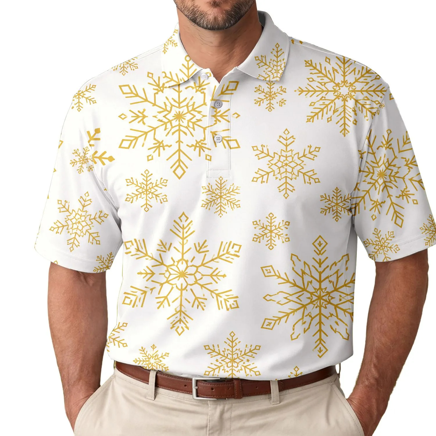 Golden Snowflake Holiday Winterwear for Festive Gatherings and Seasonal Gift Events Men's Polo Shirt - 1