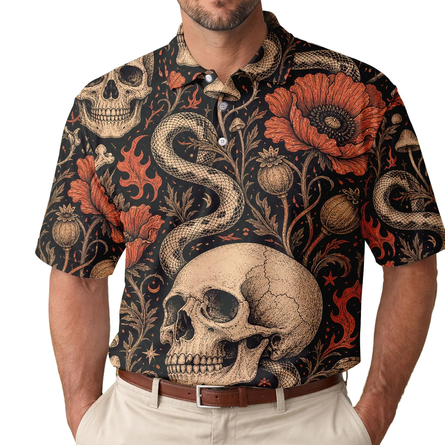 Vintage Skull Snake And Poppy Tattoo Flash Goth Streetwear For Alternative Style Lovers Men's Polo Shirt - 1
