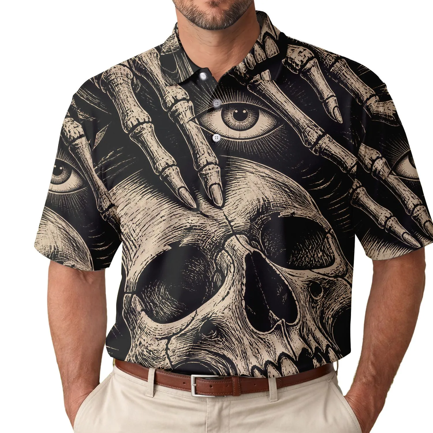 Black Ivory Skull And Skeletal Hand Eye Gothic Punk Streetwear For Alternative Fans Men's Polo Shirt - 1