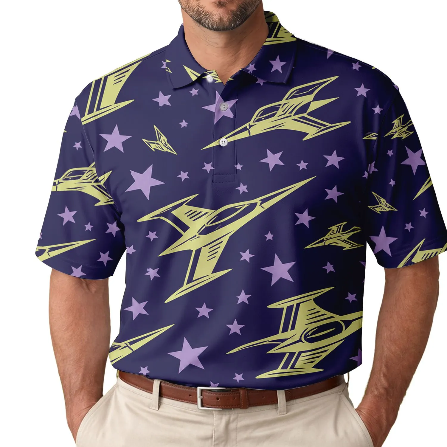 Retro Space Gliders And Lilac Stars For Casual Nights And Weekend Getaways For Men Men's Polo Shirt - 1