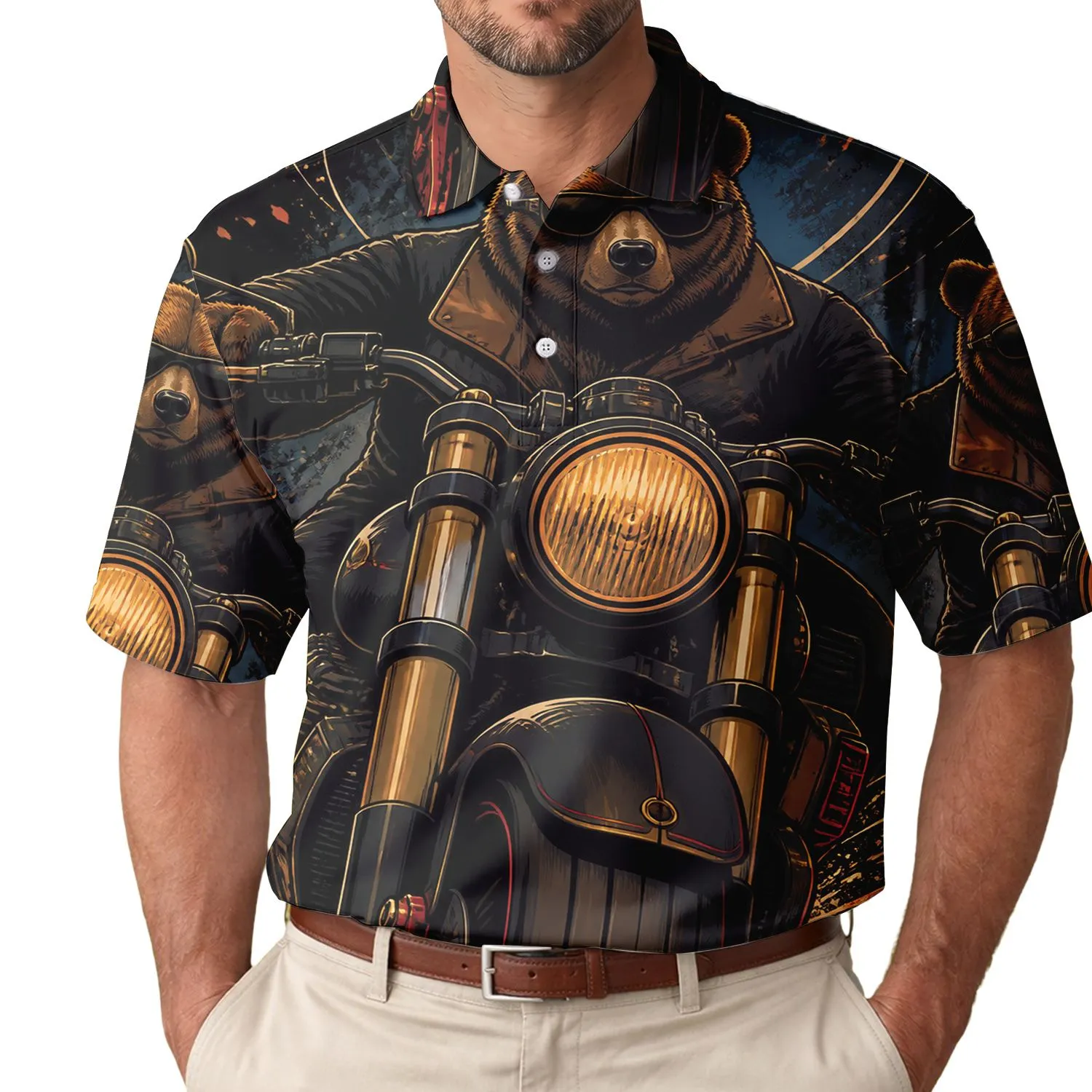 Sunglasses Bear Biker On Retro Motorcycle For Night Rides And Streetwear Style Fans Men's Polo Shirt - 1