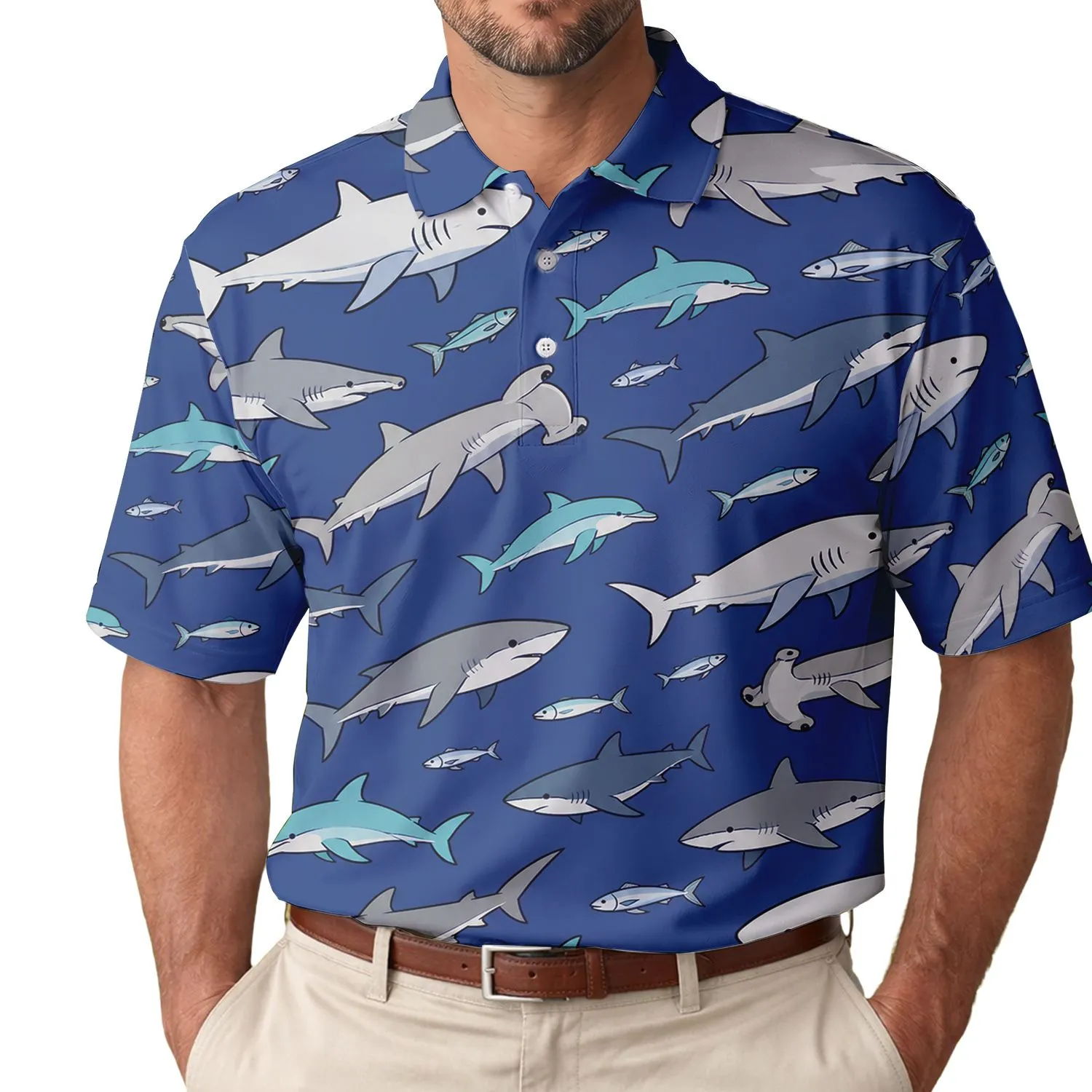 Ocean Sharks And Dolphins For Beach Travel, Boating And Coastal Summer Style Enthusiasts Men's Polo Shirt - 1