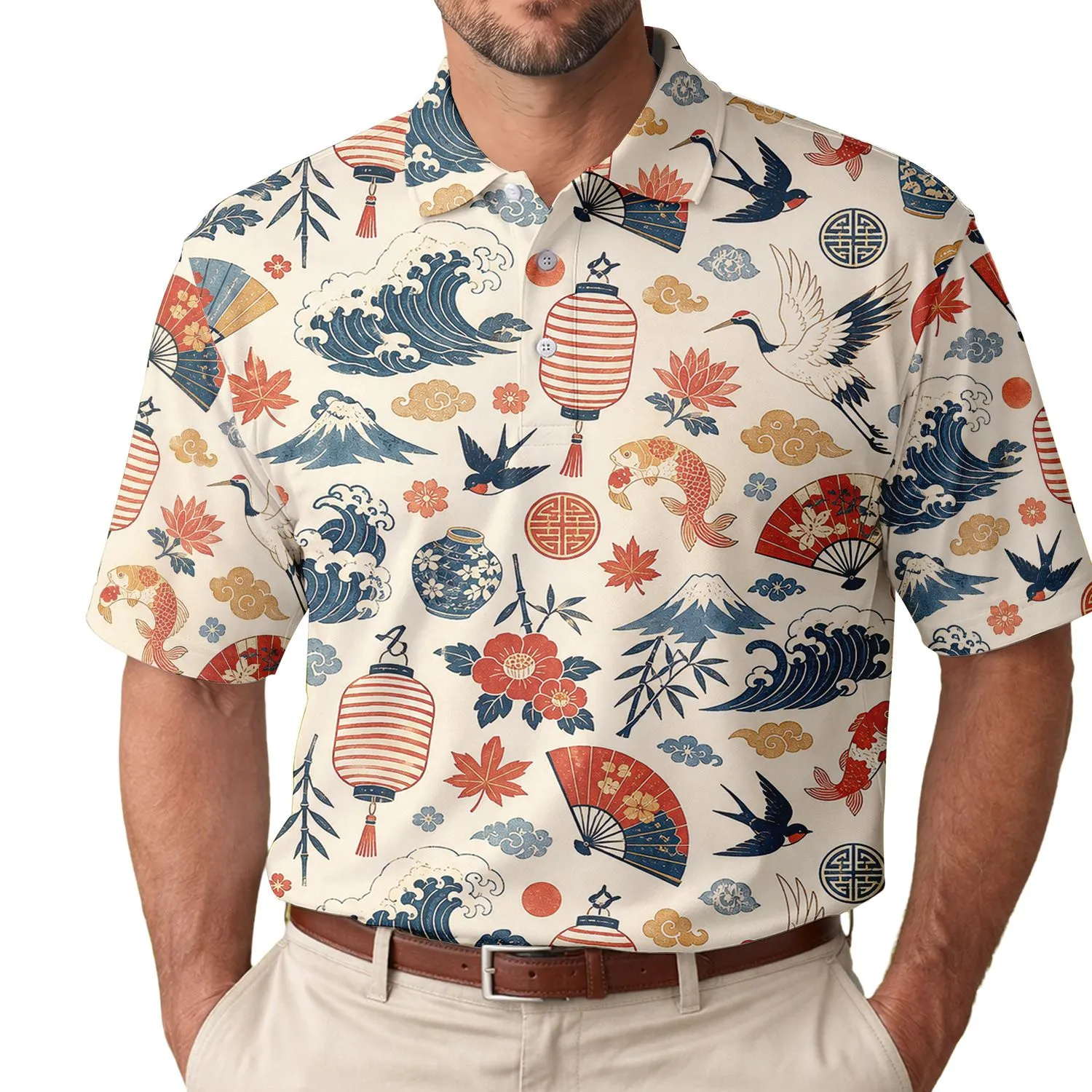 Japanese Festival Lanterns And Koi For Summer Travel And Leisurely Resort Outings Men's Polo Shirt - 1