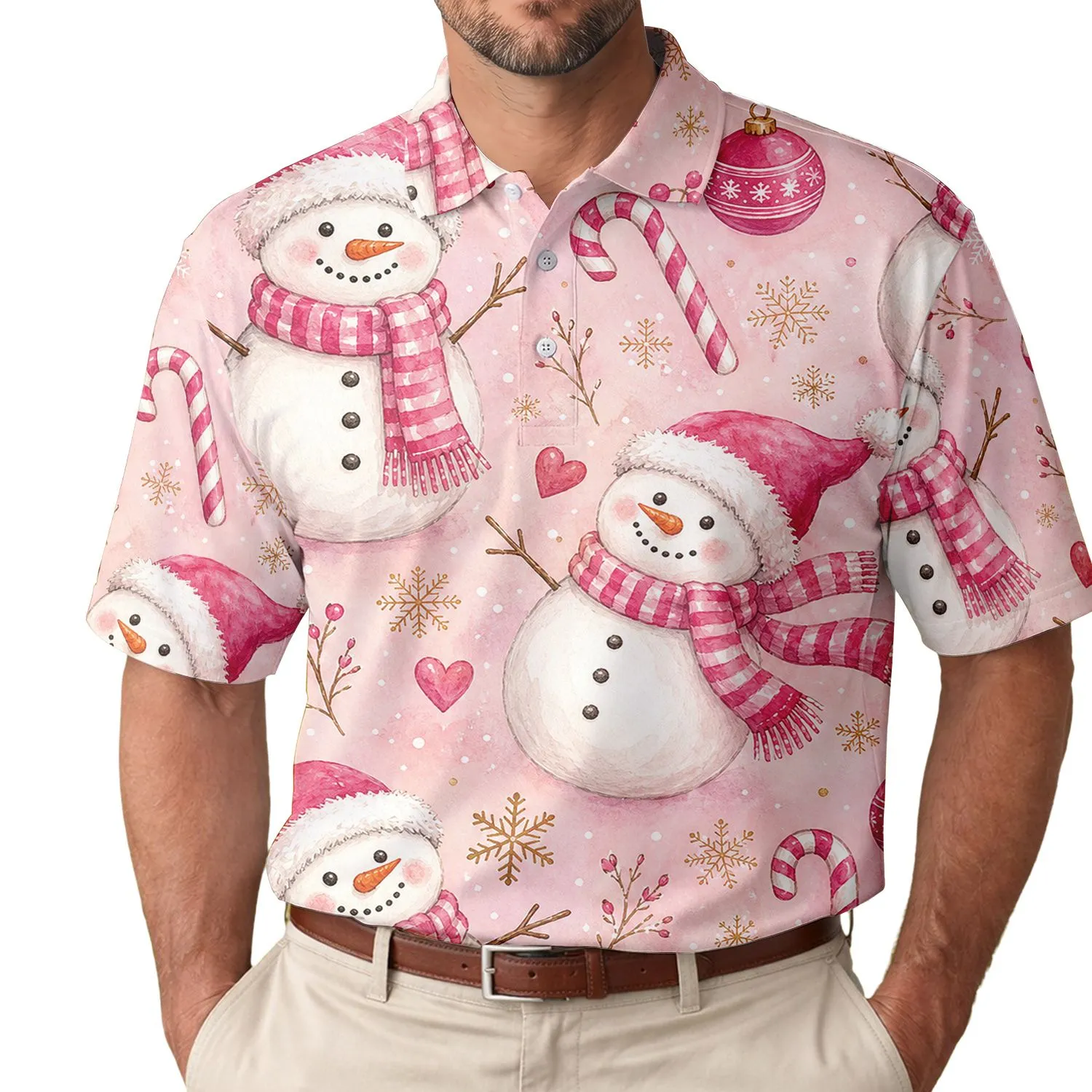 Pink Snowmen And Candy Canes For Winter Christmas Parties And Holiday Gift Giving Men's Polo Shirt - 1
