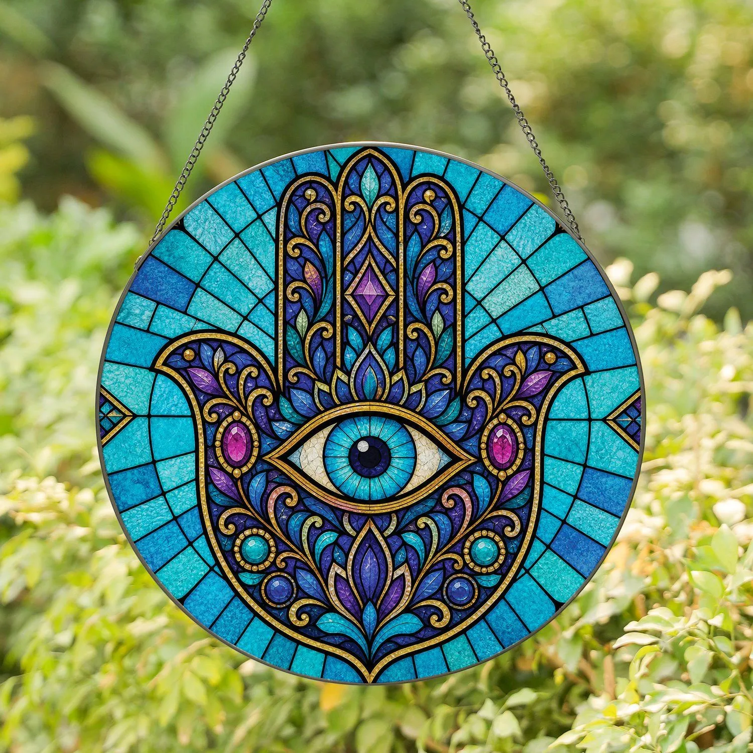 Stained Glass Hamsa Hand Evil Eye Spiritual Decor For Meditation And Housewarming Stained Glass Suncatcher - 1