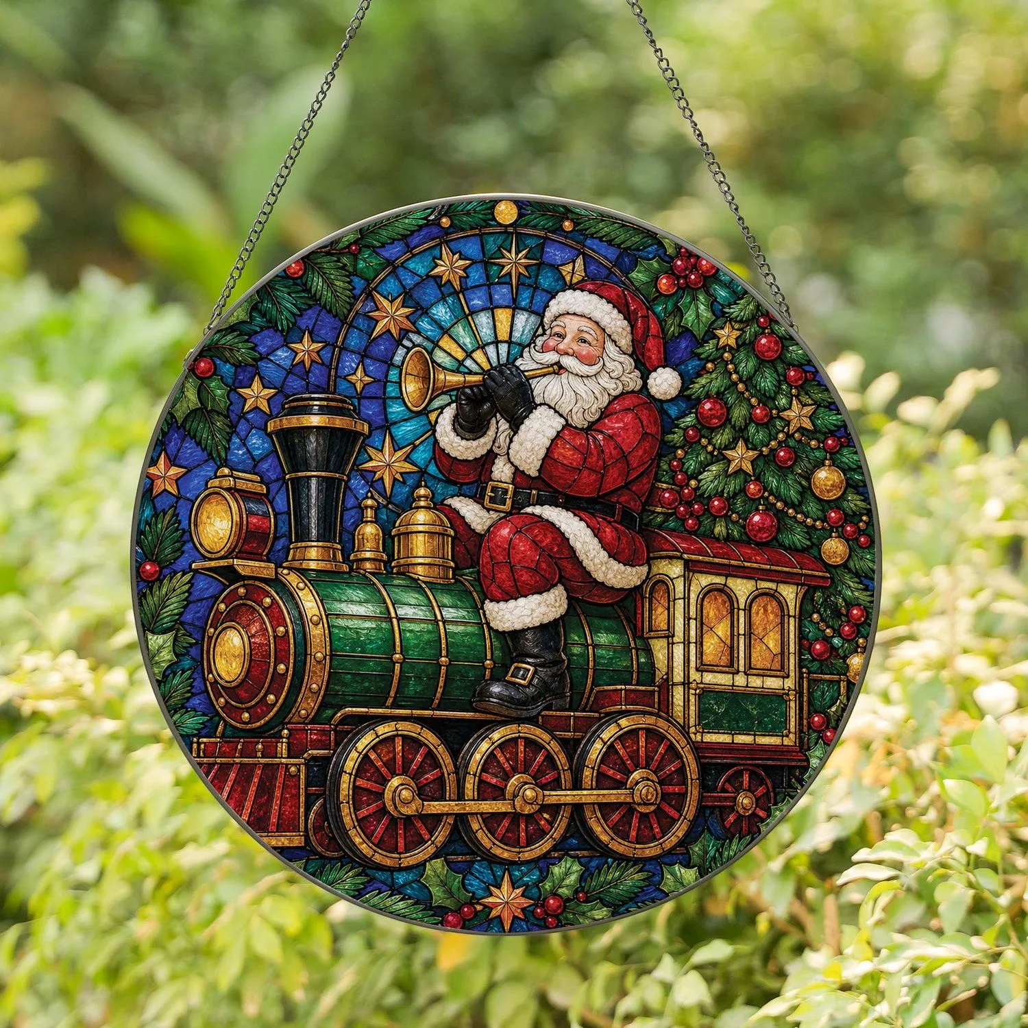 Santa Claus Steam Train Stained Glass Christmas Window Decor Gift For Railway Fans Stained Glass Suncatcher - 1