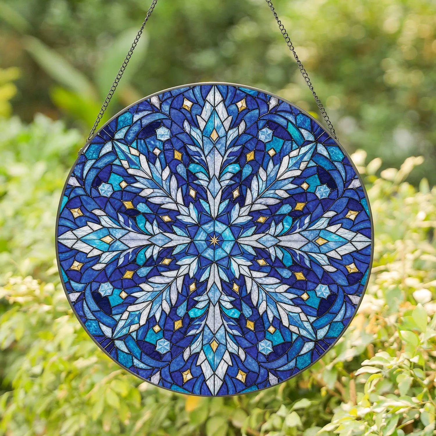 Blue Stained Glass Snowflake Winter Window Decor For Christmas Homes And Holiday Gifts Stained Glass Suncatcher - 1