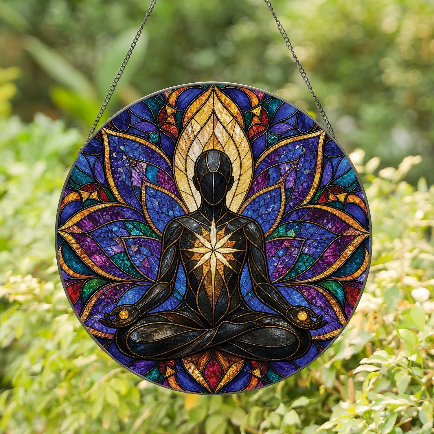 Meditating Lotus Stained Glass Window Decor for Yoga Room Spiritual Home Gift Stained Glass Suncatcher - 1