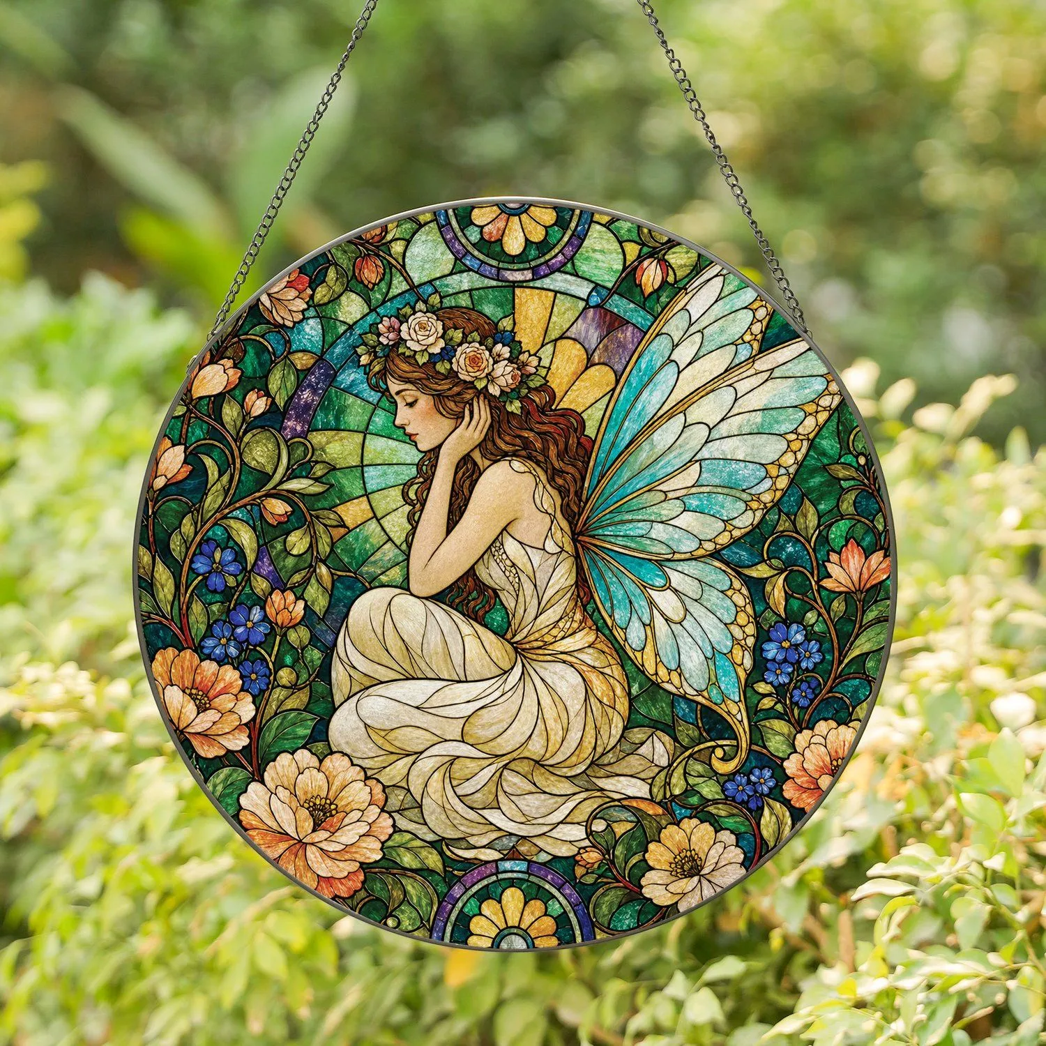 Woodland Fairy Stained Glass Window Hanging Decor for Garden Lovers and Cottage Rooms Stained Glass Suncatcher - 1