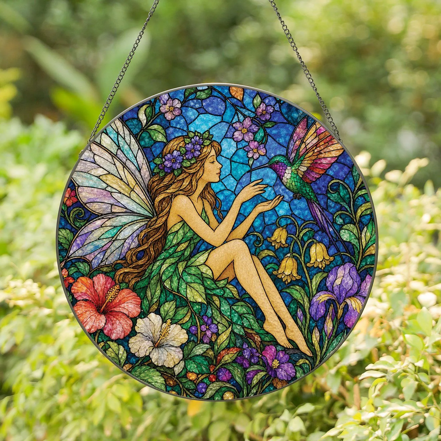Fairy And Hummingbird Stained Glass Window Hanging for Enchanted Garden Gift Giving Stained Glass Suncatcher - 1