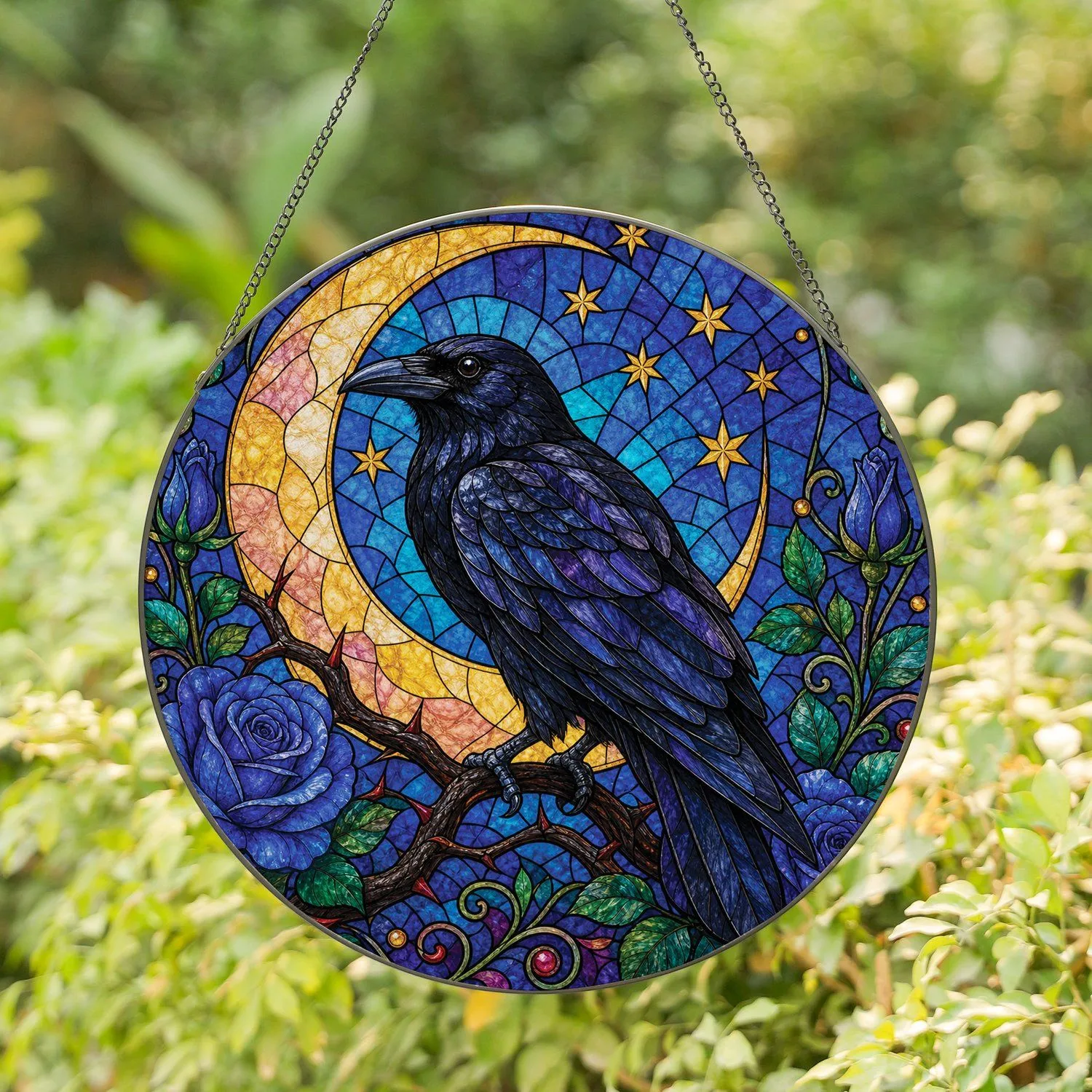 Black Raven Crescent Moon Blue Roses Stained Glass Gothic Window Decor for Witchy Home Stained Glass Suncatcher - 1