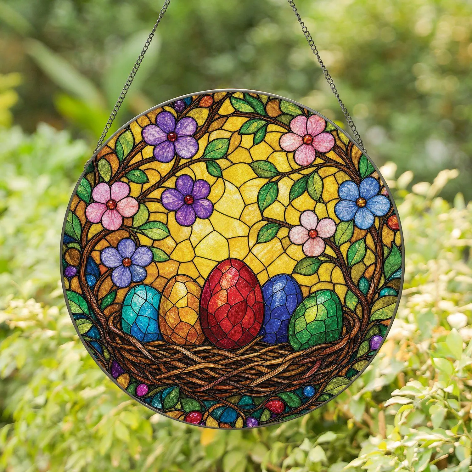 Leaded Stained Glass Easter Egg Nest Garden Decor for Spring Windows and Holiday Gifts Stained Glass Suncatcher - 1