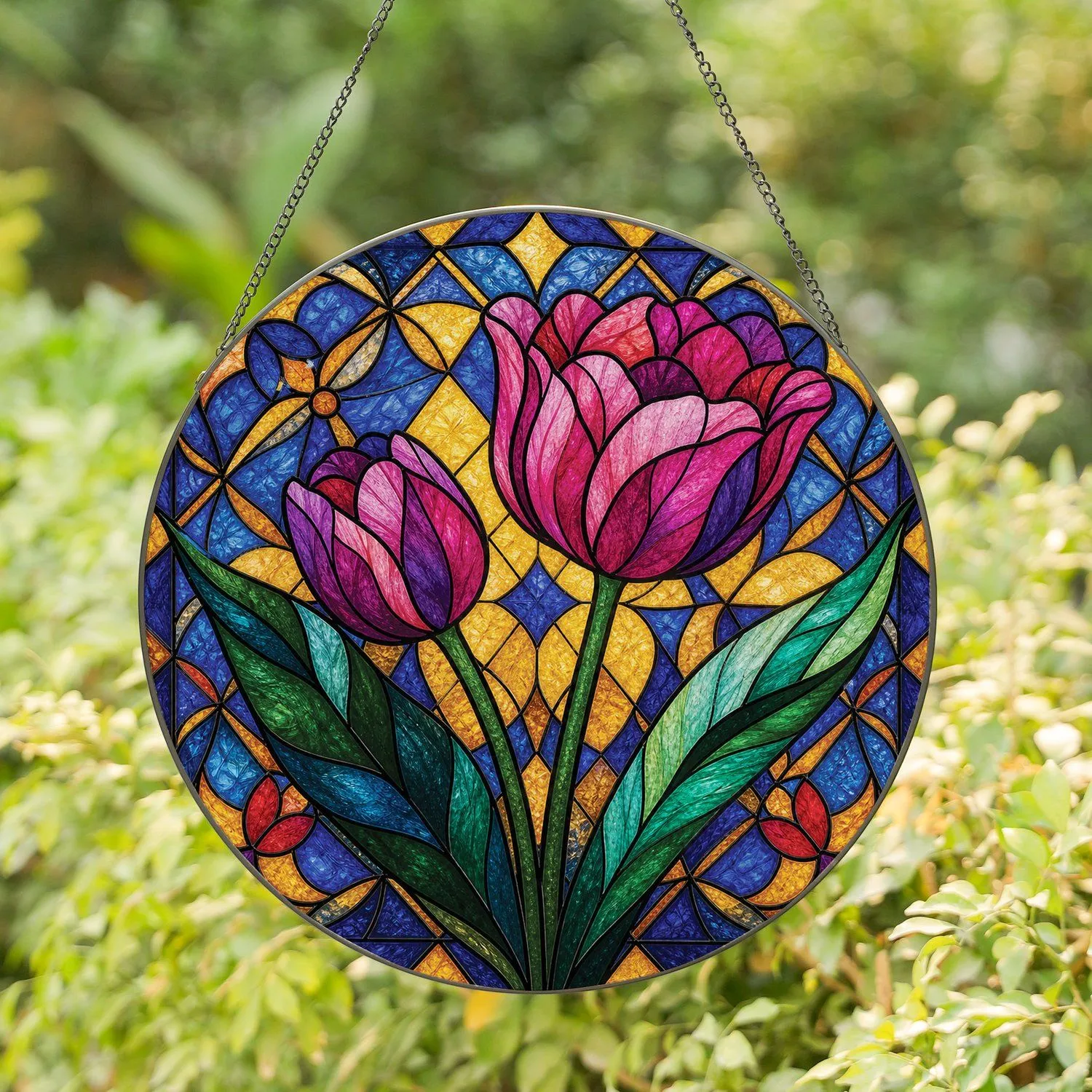 Pink And Purple Tulip Stained Glass Window Decor For Spring Garden Home Gift Giving Stained Glass Suncatcher - 1