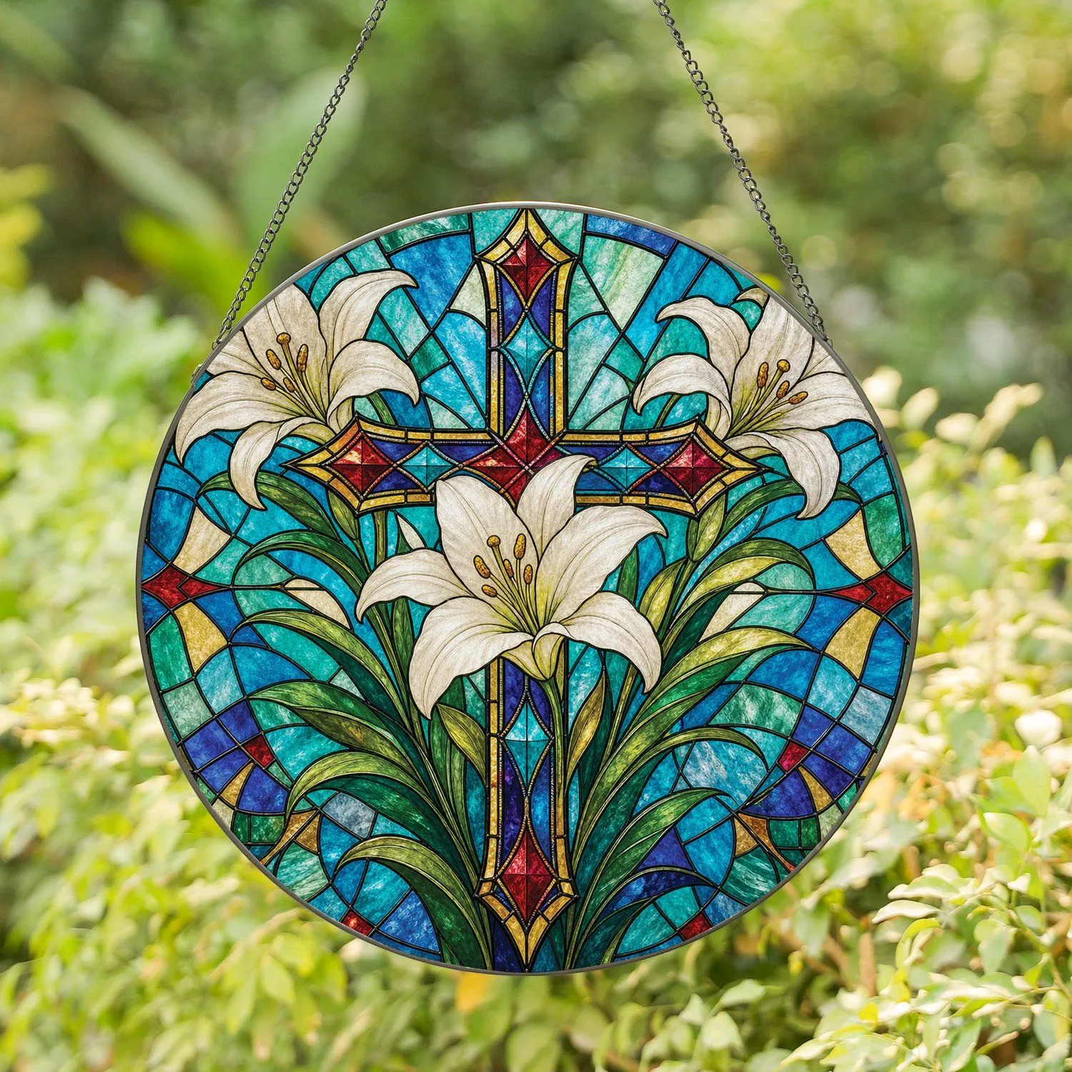 Stained Glass Easter Lily Cross Window Decor For Christian Home Easter Gift Lovers Stained Glass Suncatcher - 1