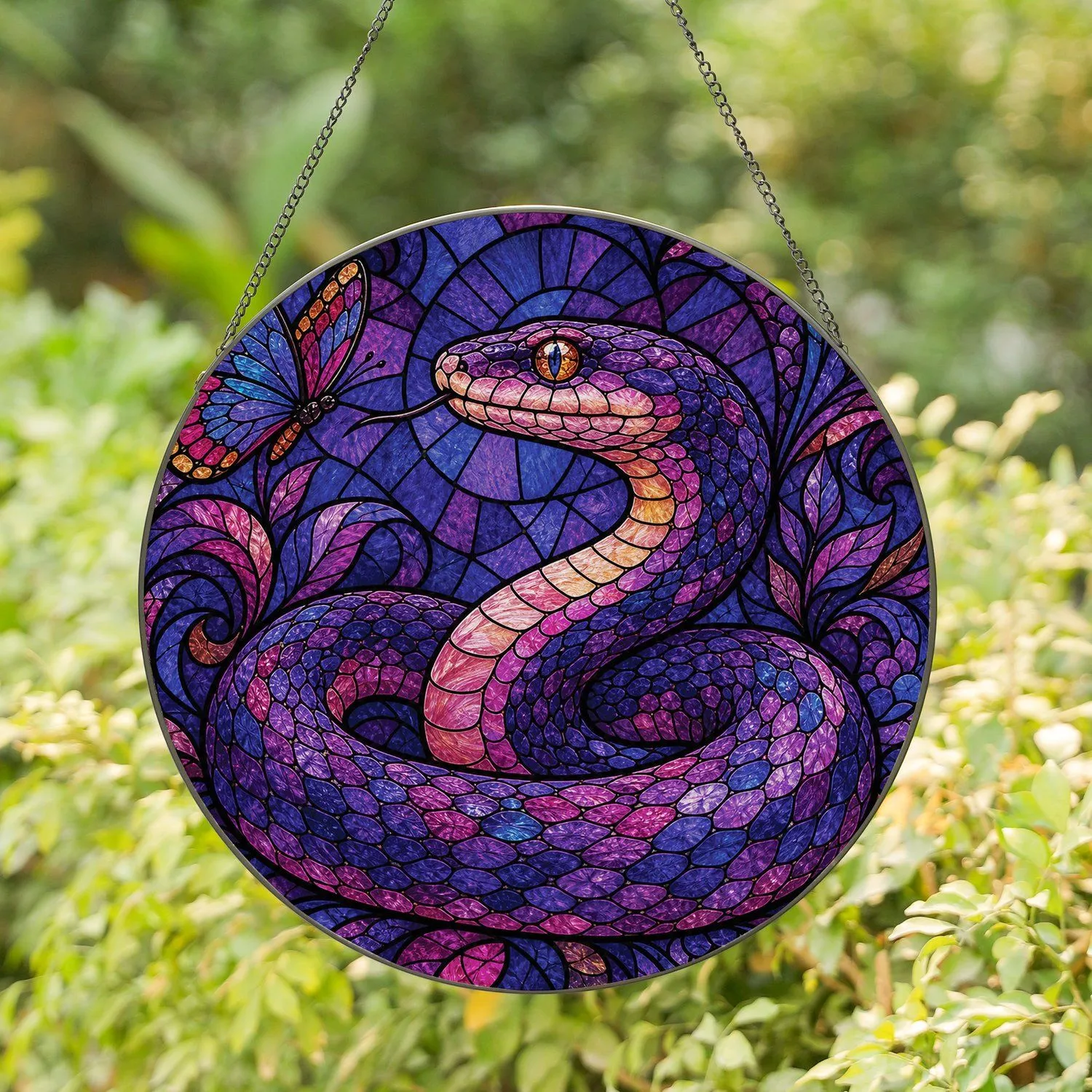 Purple Stained Glass Serpent And Butterfly Window Decor For Gothic Garden Lovers Stained Glass Suncatcher - 1