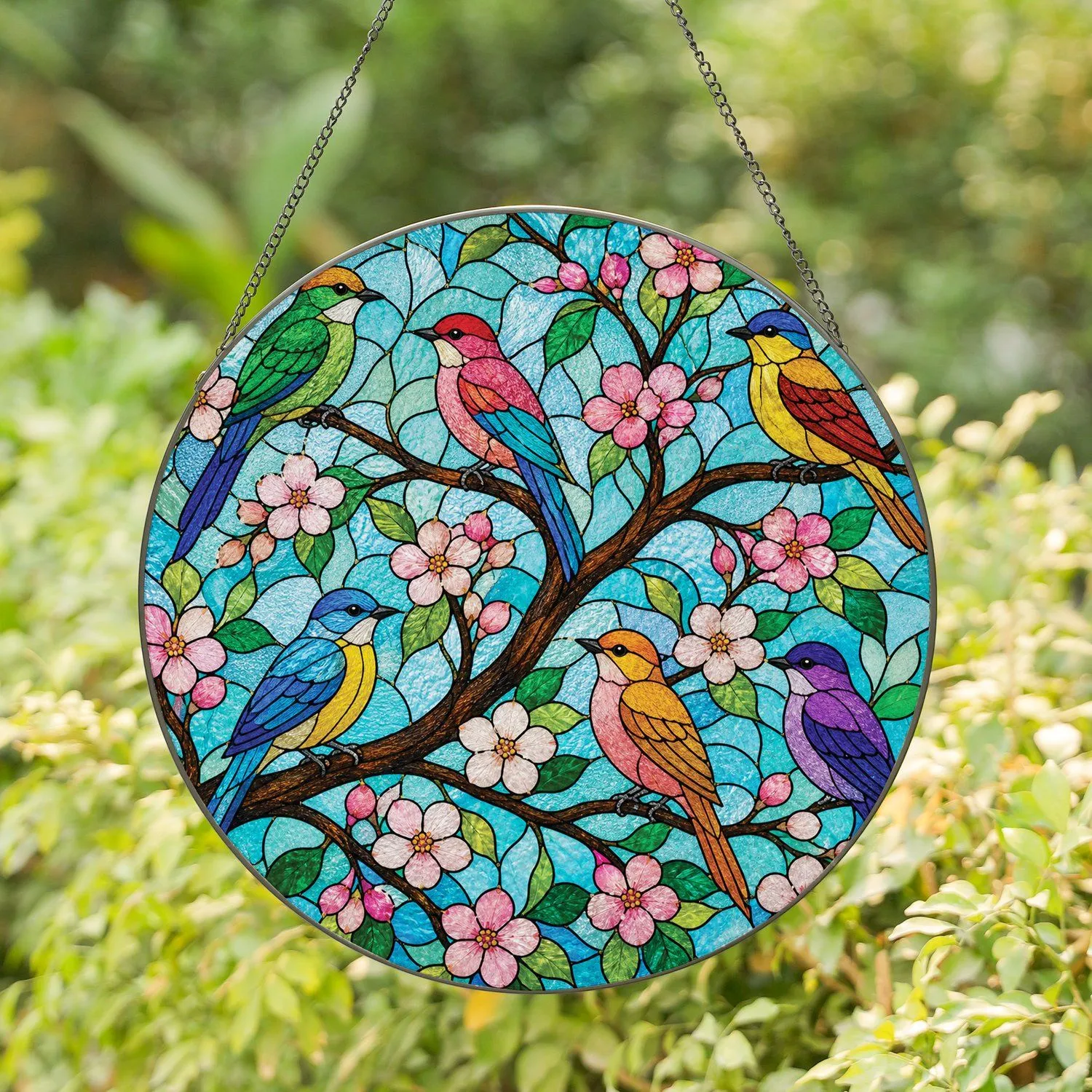 Stained Glass Spring Songbirds On Cherry Blossoms For Garden Window Decor Stained Glass Suncatcher - 1