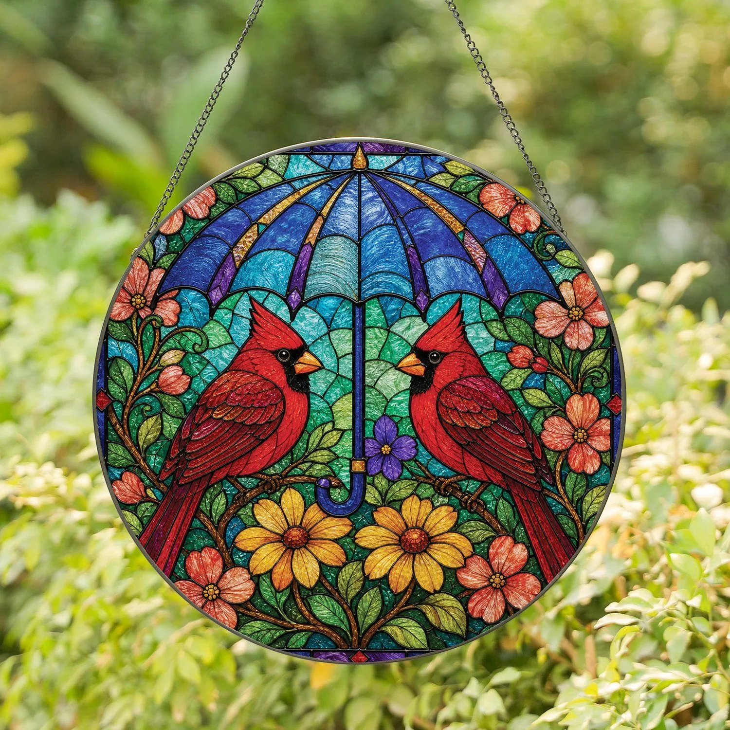 Cardinal Birds Under Blue Umbrella Stained Glass Garden Gift for Bird Lovers Stained Glass Suncatcher - 1