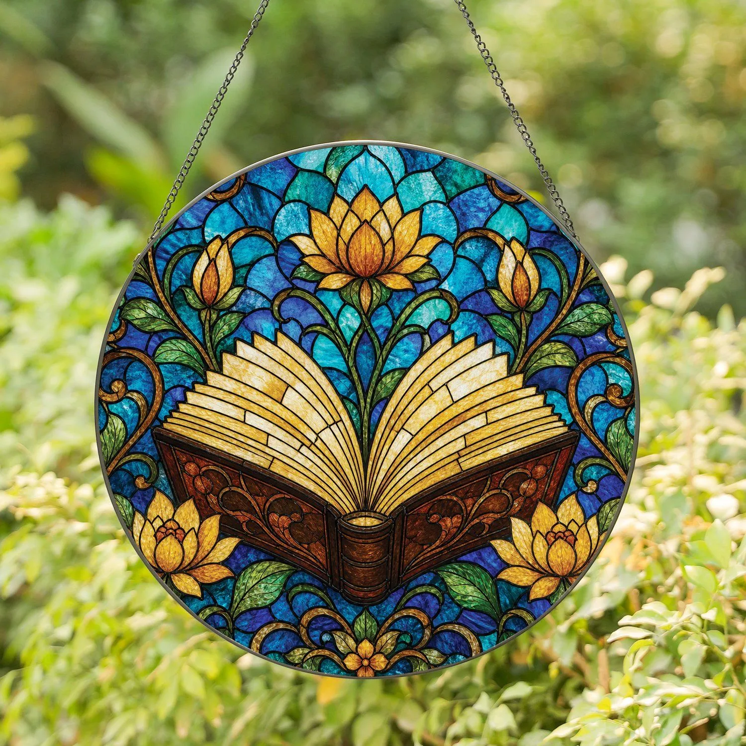 Stained Glass Open Book With Lotus Flowers Garden Decor for Reading Nooks and Book Lovers Stained Glass Suncatcher - 1