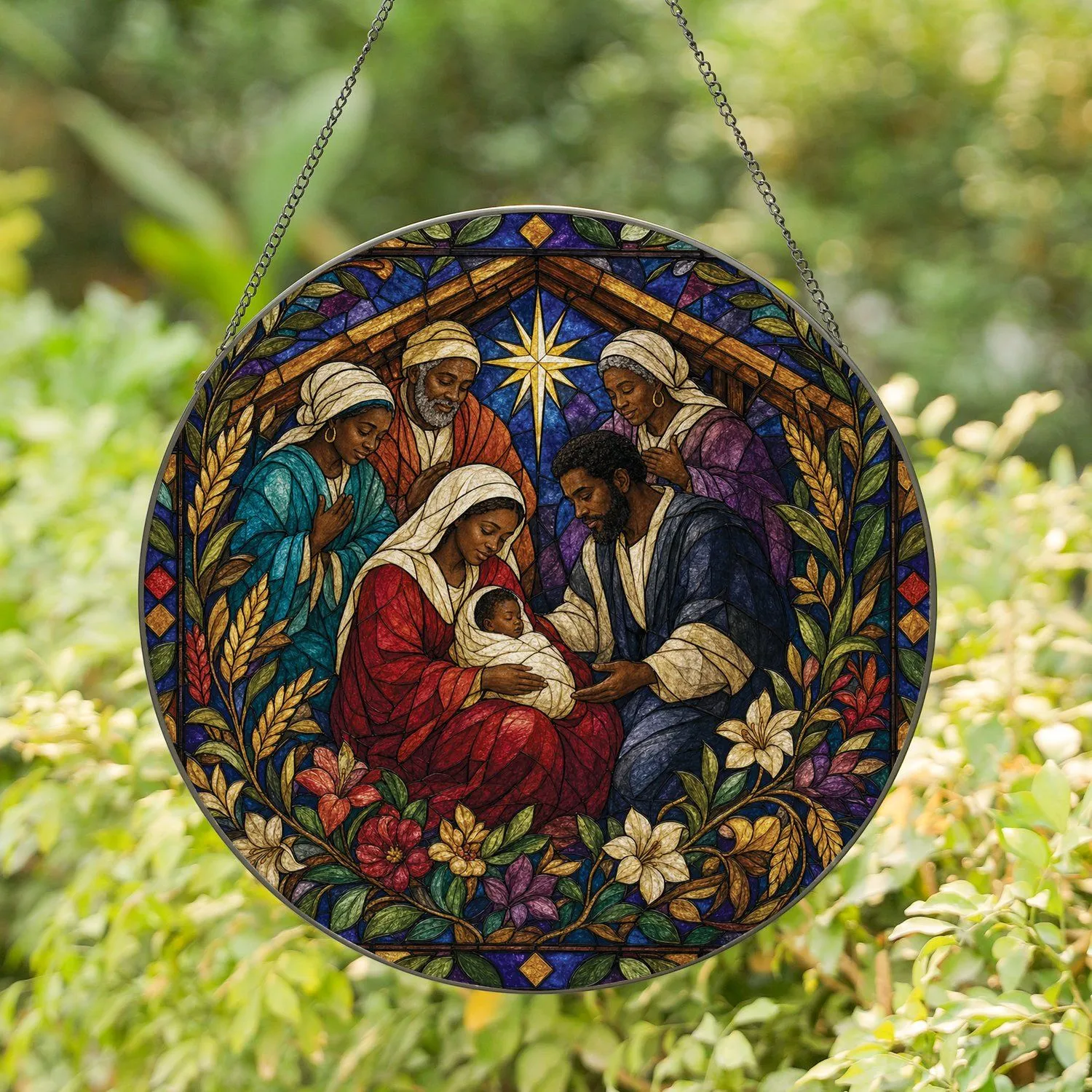 African American Nativity Stained Glass Christmas Decor For Home Church And Family Stained Glass Suncatcher - 1