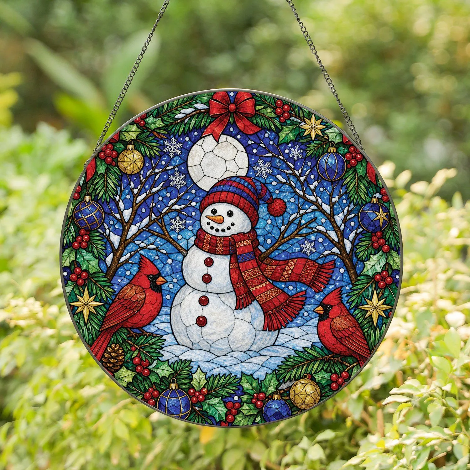 Snowman And Cardinal Stained Glass Christmas Wreath Decor For Winter Holiday Homes Stained Glass Suncatcher - 1