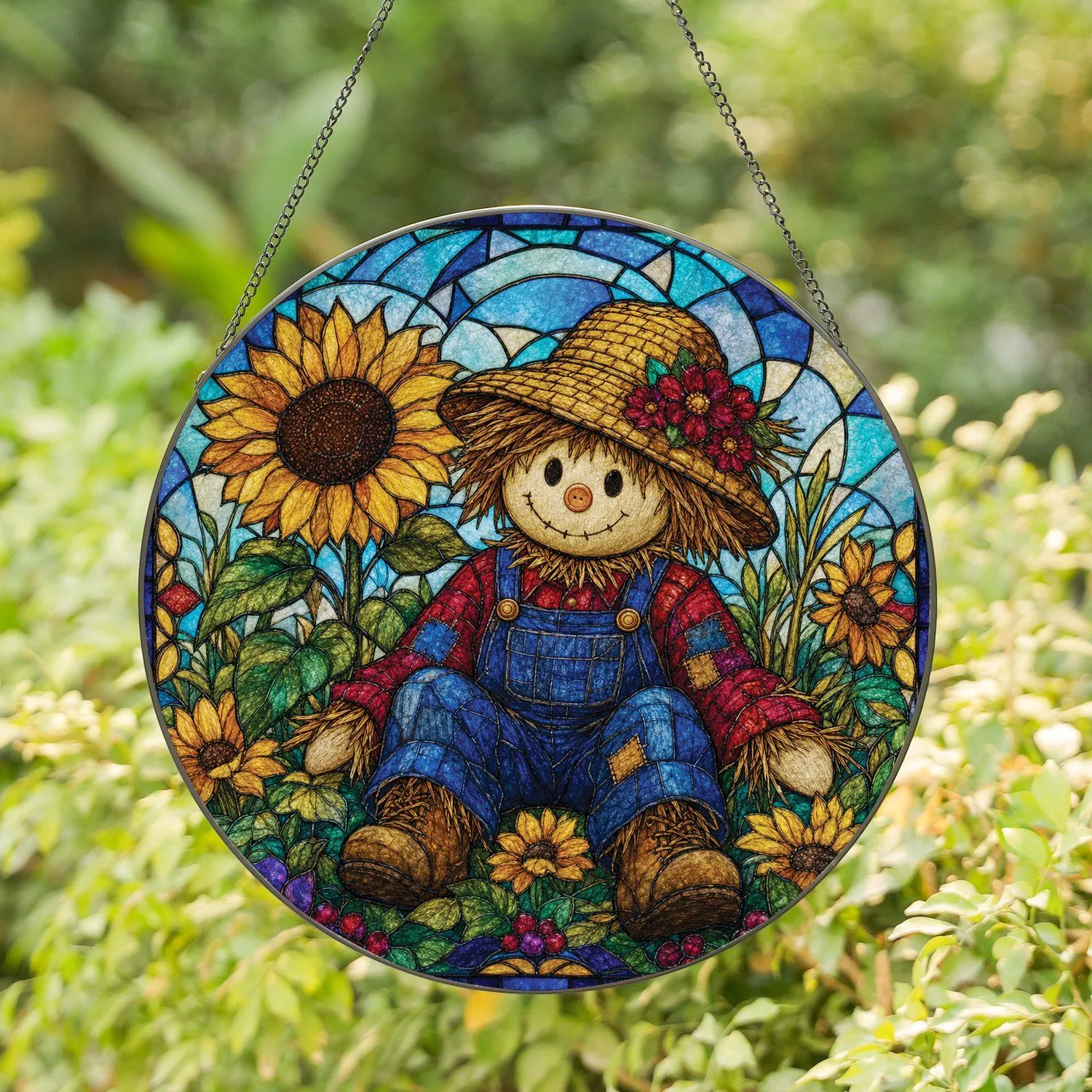 Rustic Scarecrow And Sunflower Stained Glass Farmhouse Window Decor For Autumn Gift Giving Stained Glass Suncatcher - 1