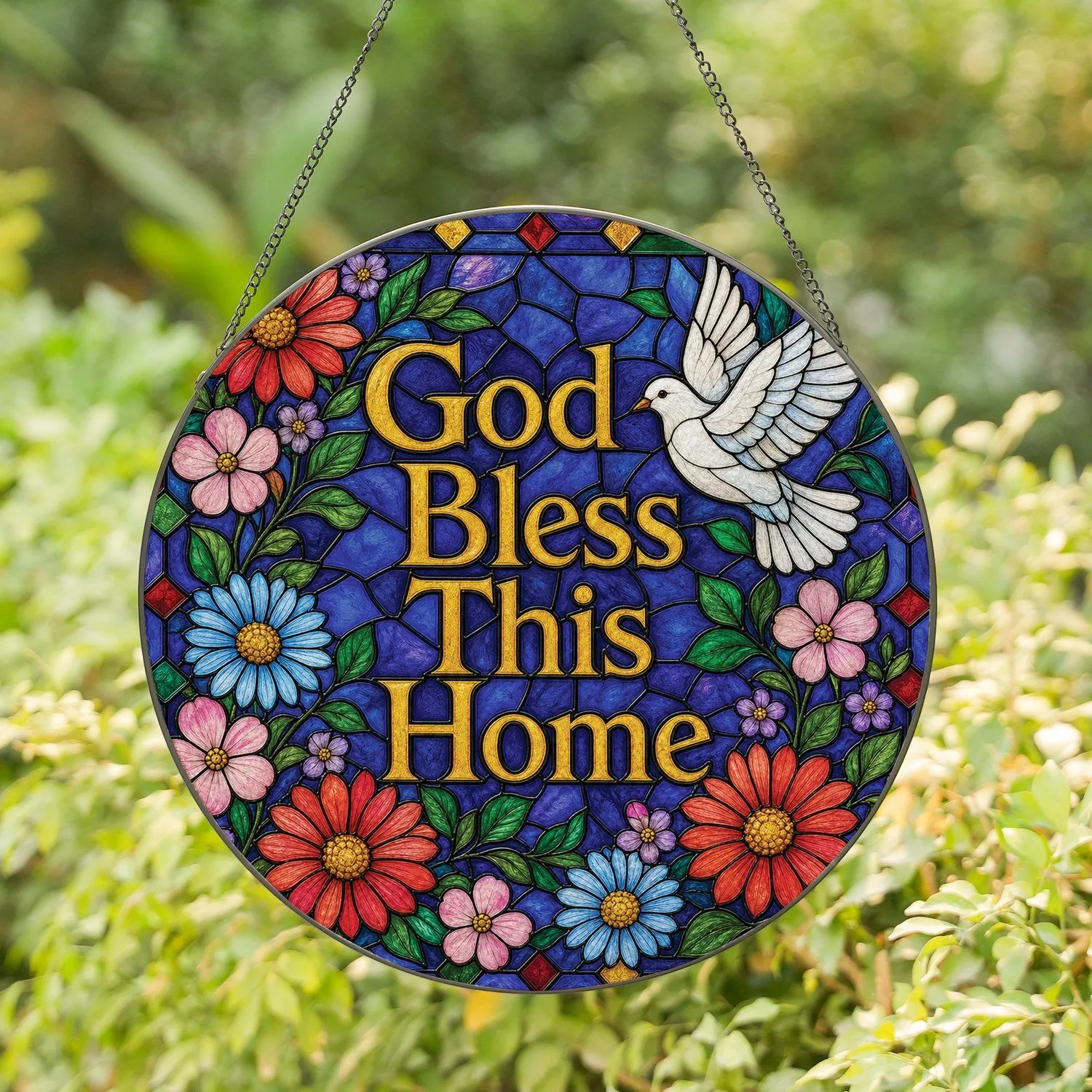 God Bless This Home Stained Glass Dove Floral Window Decor for Christian Housewarming Gifts Stained Glass Suncatcher - 1