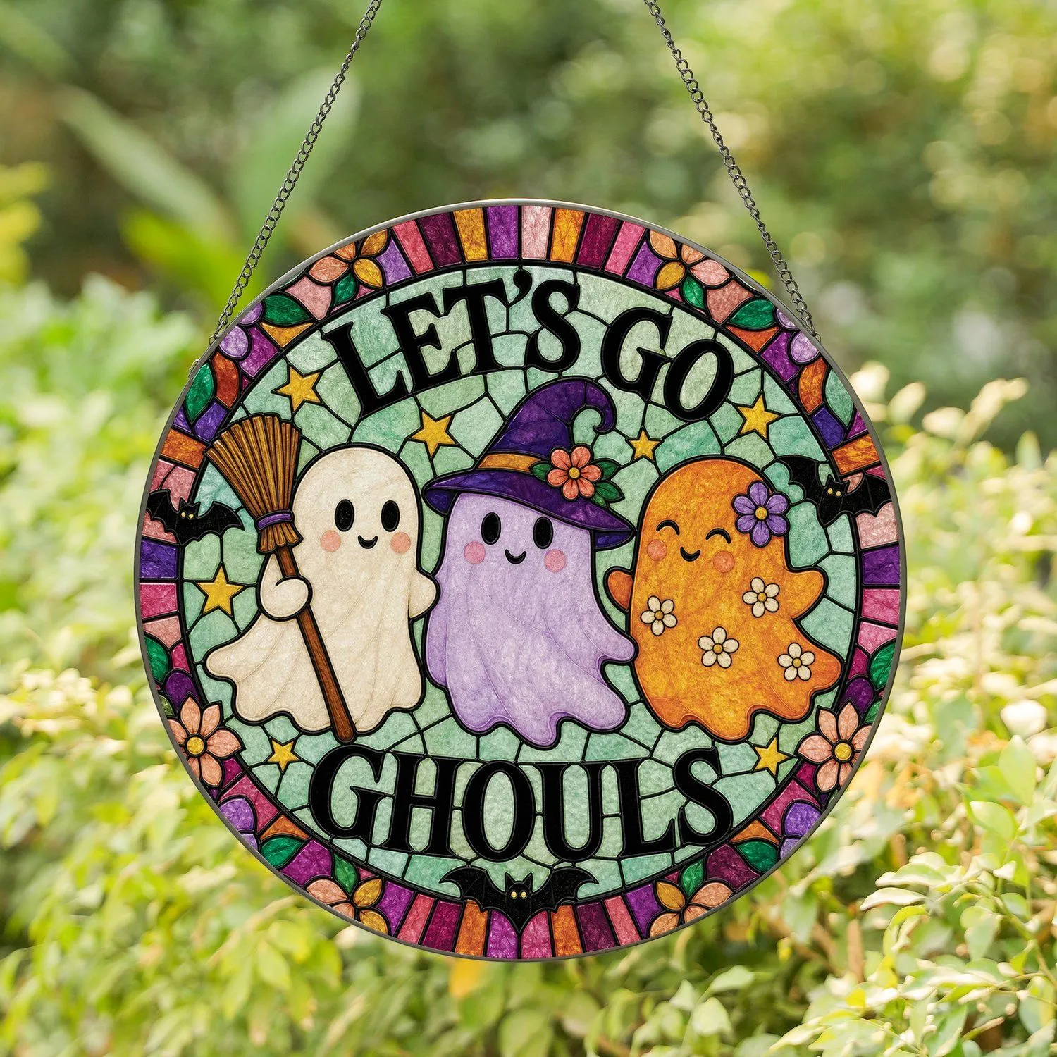 Cute Ghost Trio Let's Go Ghouls Halloween Window Decor for Witchy Kitchen and Home Stained Glass Suncatcher - 1