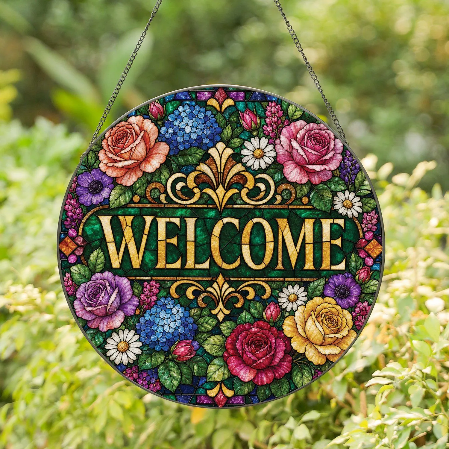Floral Welcome Stained Glass Garden Wreath For Entryway Decor And Housewarming Gifts Stained Glass Suncatcher - 1