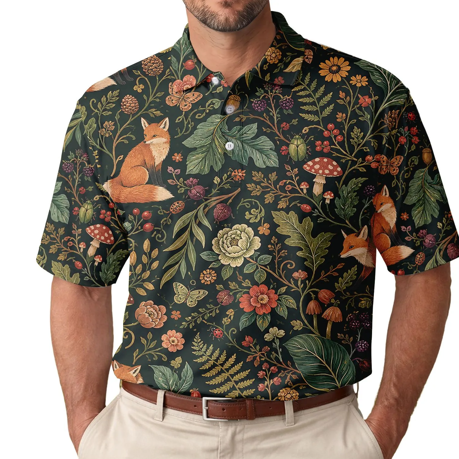 Woodland Fox Botanical Floral Naturewear For Autumn Travel And Everyday Outdoor Style Men's Polo Shirt - 1
