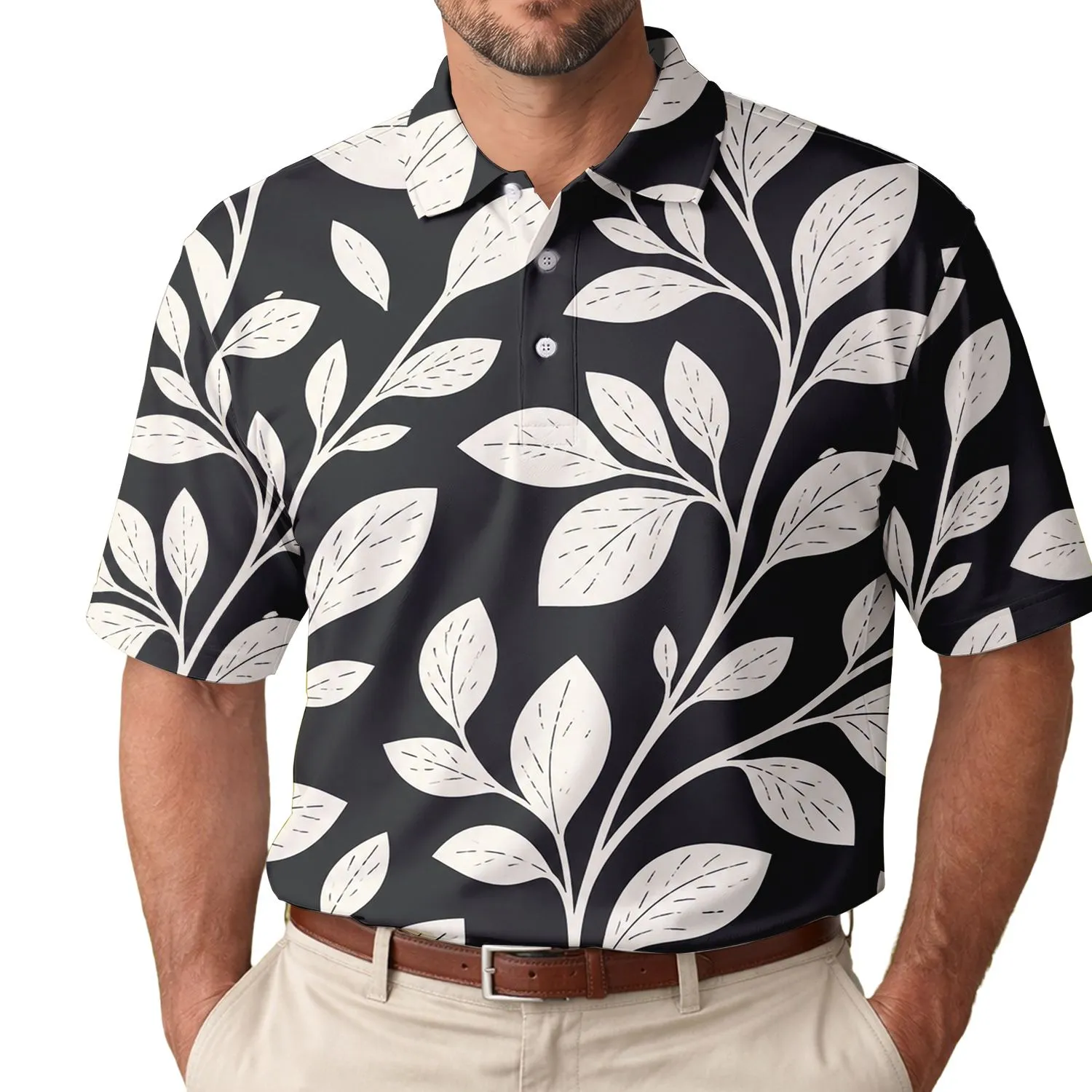 Ivory Leafy Branches For Casual Travel, Resort Days And Everyday Scandinavian Style Men's Polo Shirt - 1