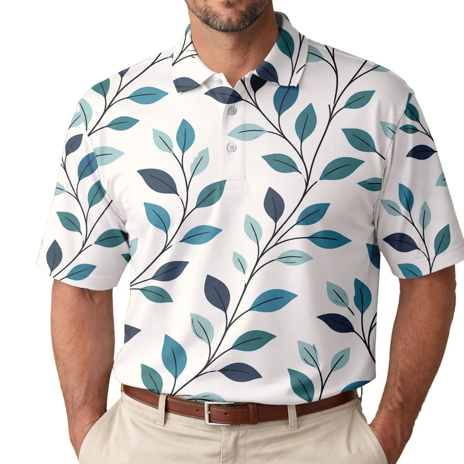 Teal Botanical Leaf Branches For Autumn Travel And Everyday Wear Men's Polo Shirt - 1
