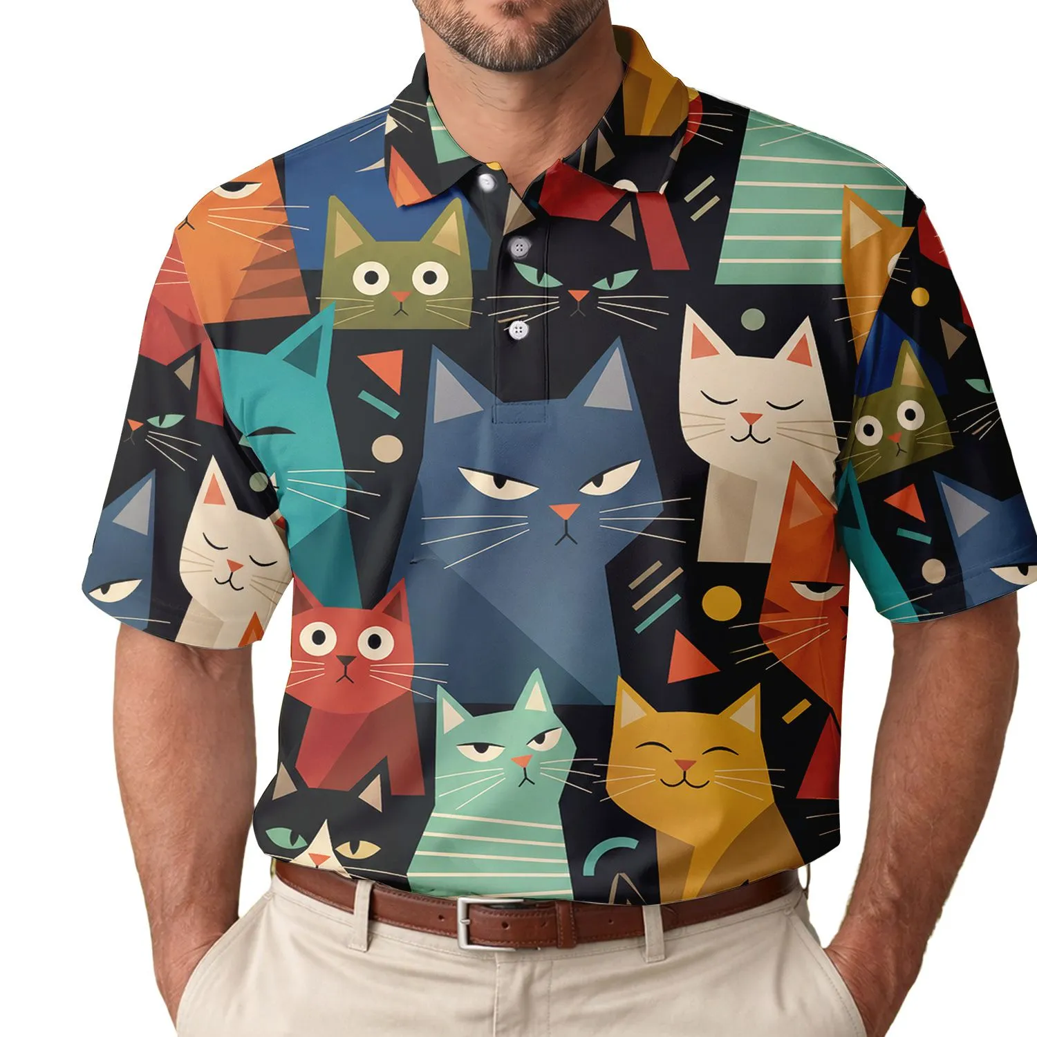 Colorful Mid Century Cat Faces for Casual Summer Outings and Gifts for Cat Lovers Men's Polo Shirt - 1
