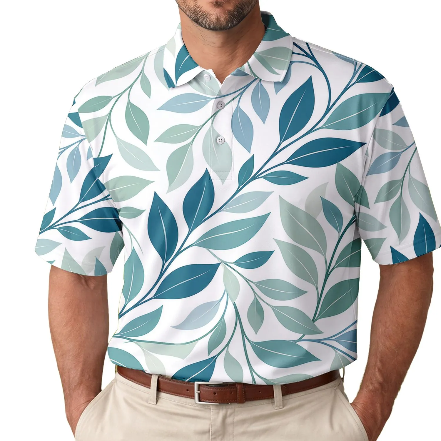 Teal Blue Botanical Leaves For Coastal Travel, Resort Wear And Nature Loving Men Men's Polo Shirt - 1