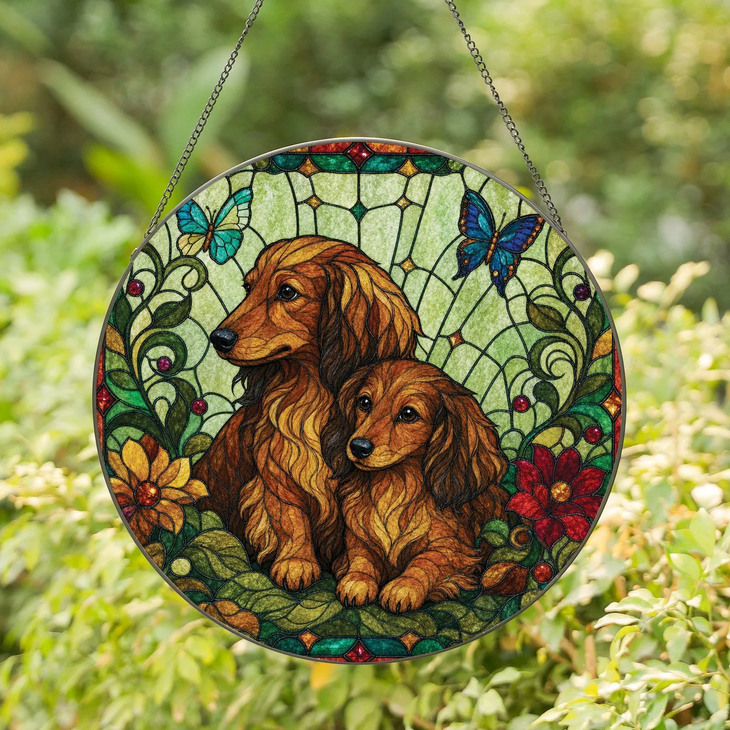 Leaded Glass Dachshund Couple With Butterflies For Dog Lover Home And Wedding Gifts Stained Glass Suncatcher - 1