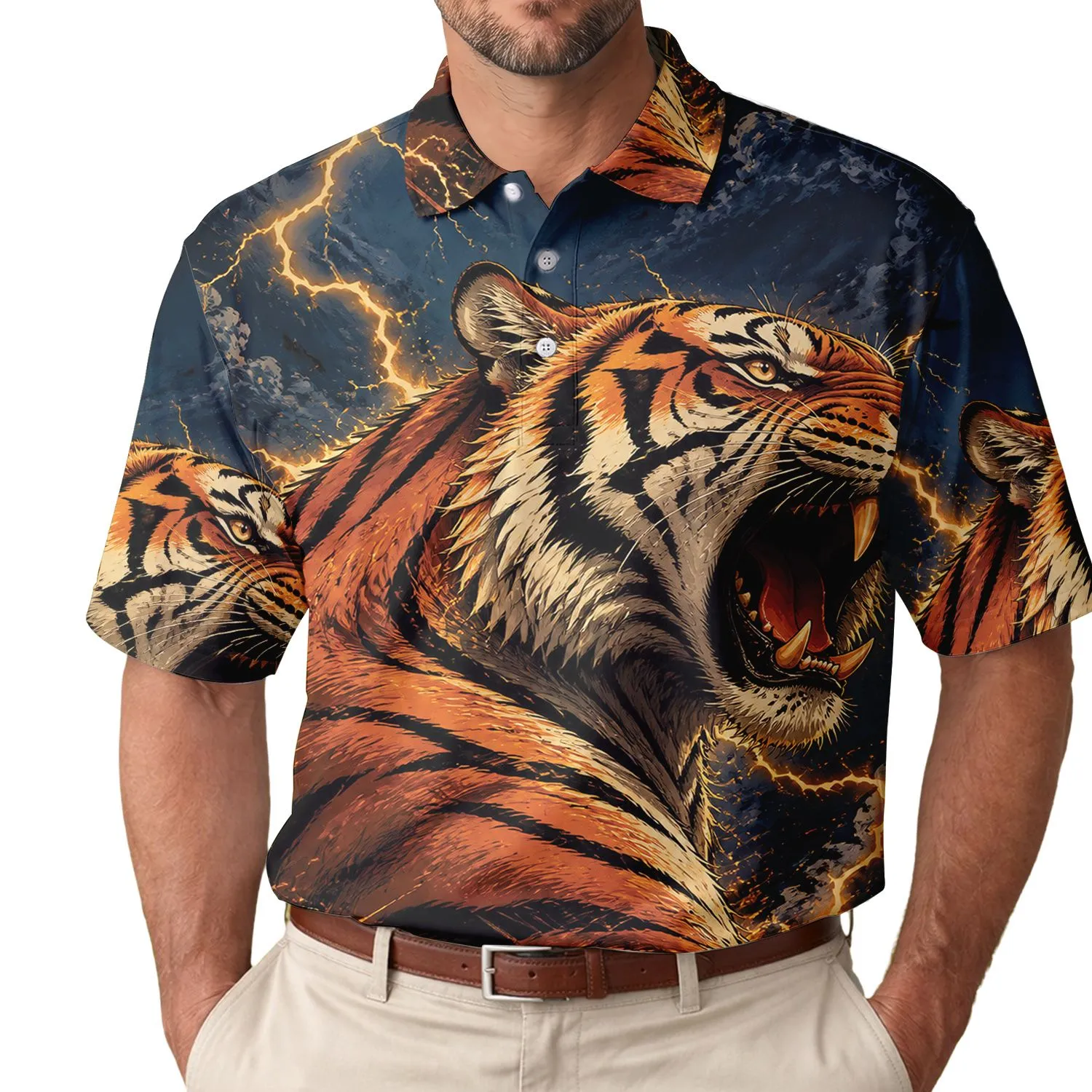 Roaring Bengal Tiger In Electric Thunderstorm Casual Style For Wildlife Adventure Fans Men's Polo Shirt - 1