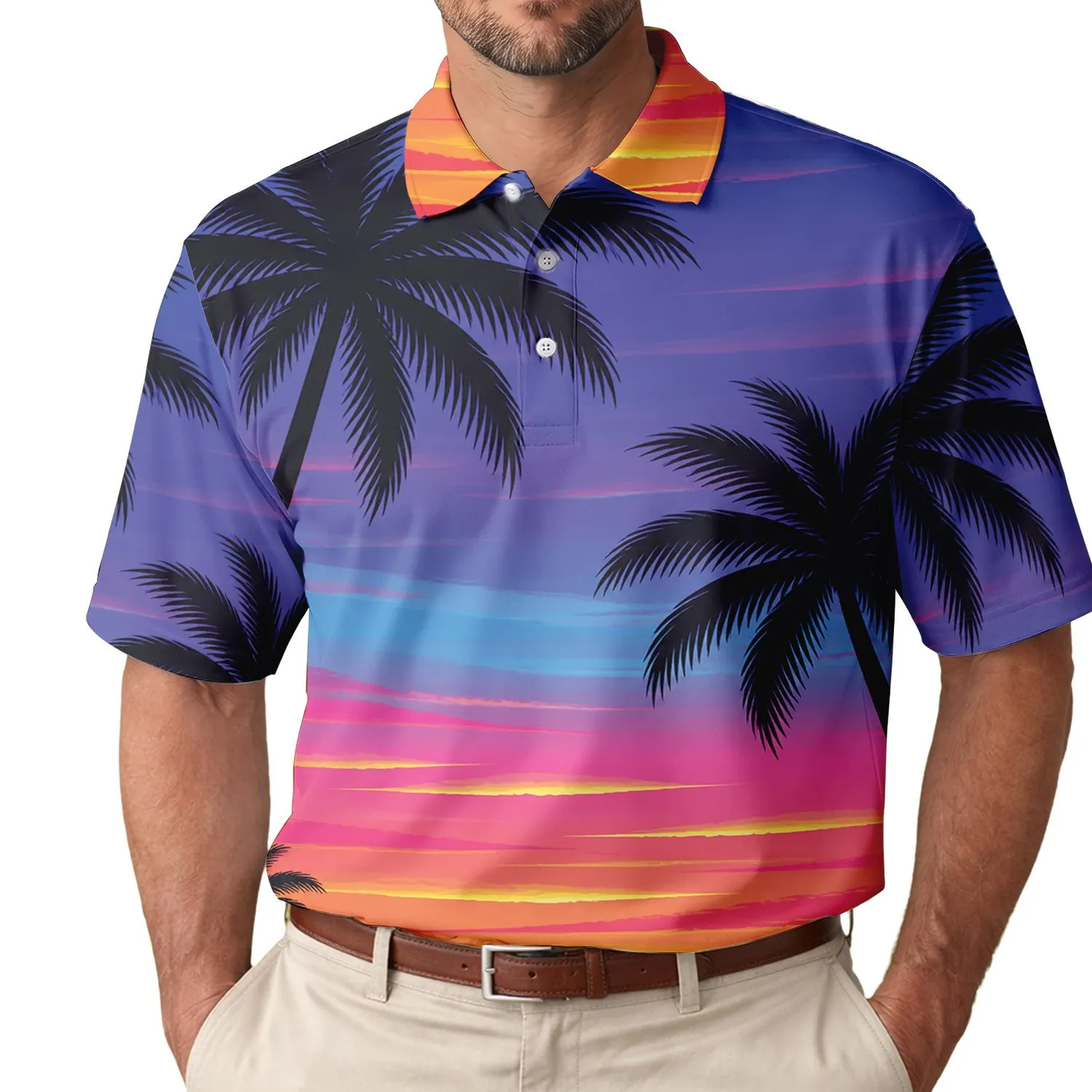 Tropical Twilight Palm Coast Sunset for Beach Vacations, Resort Evenings and Men Men's Polo Shirt - 1