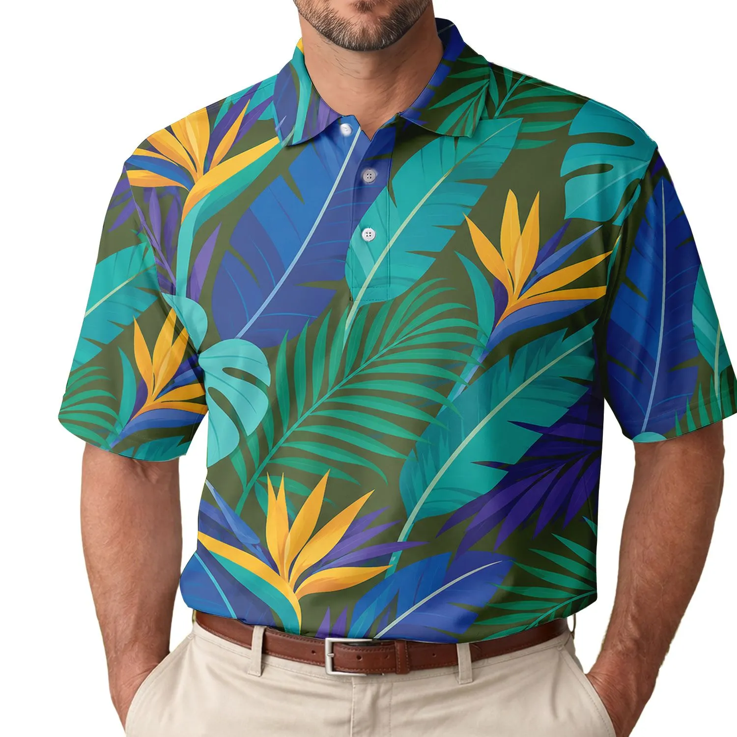 Vibrant Tropical Jungle Leaves for Resort Vacations, Beach Days, and Summer Travel for Men Men's Polo Shirt - 1