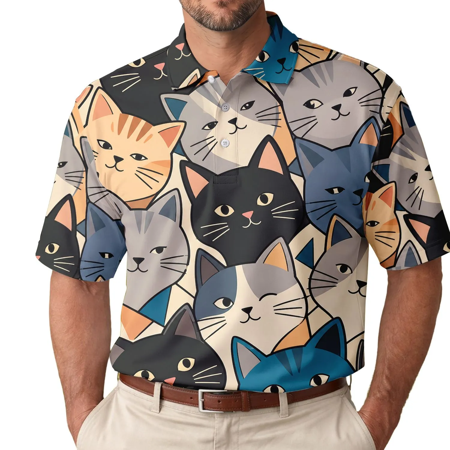 Modern Colorful Cat Faces for Cat Lovers Casual Weekend Travel and Gift Gifting Men's Polo Shirt - 1