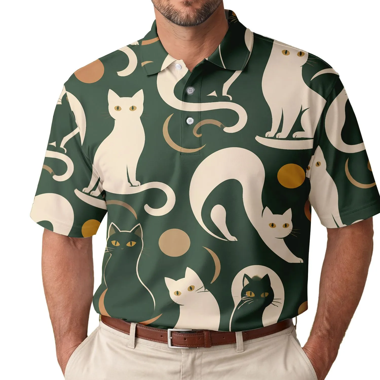 Mid Century Black And Cream Cat Motif For Casual Weekends, Travel, And Resort Wear For Men Men's Polo Shirt - 1